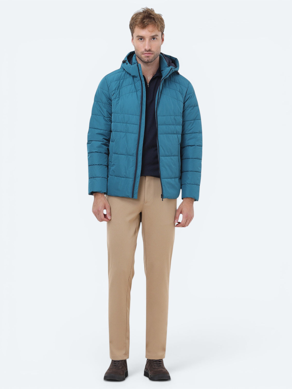 Petrol Regular Fit Kapüşonlu Casual Dokuma Mont