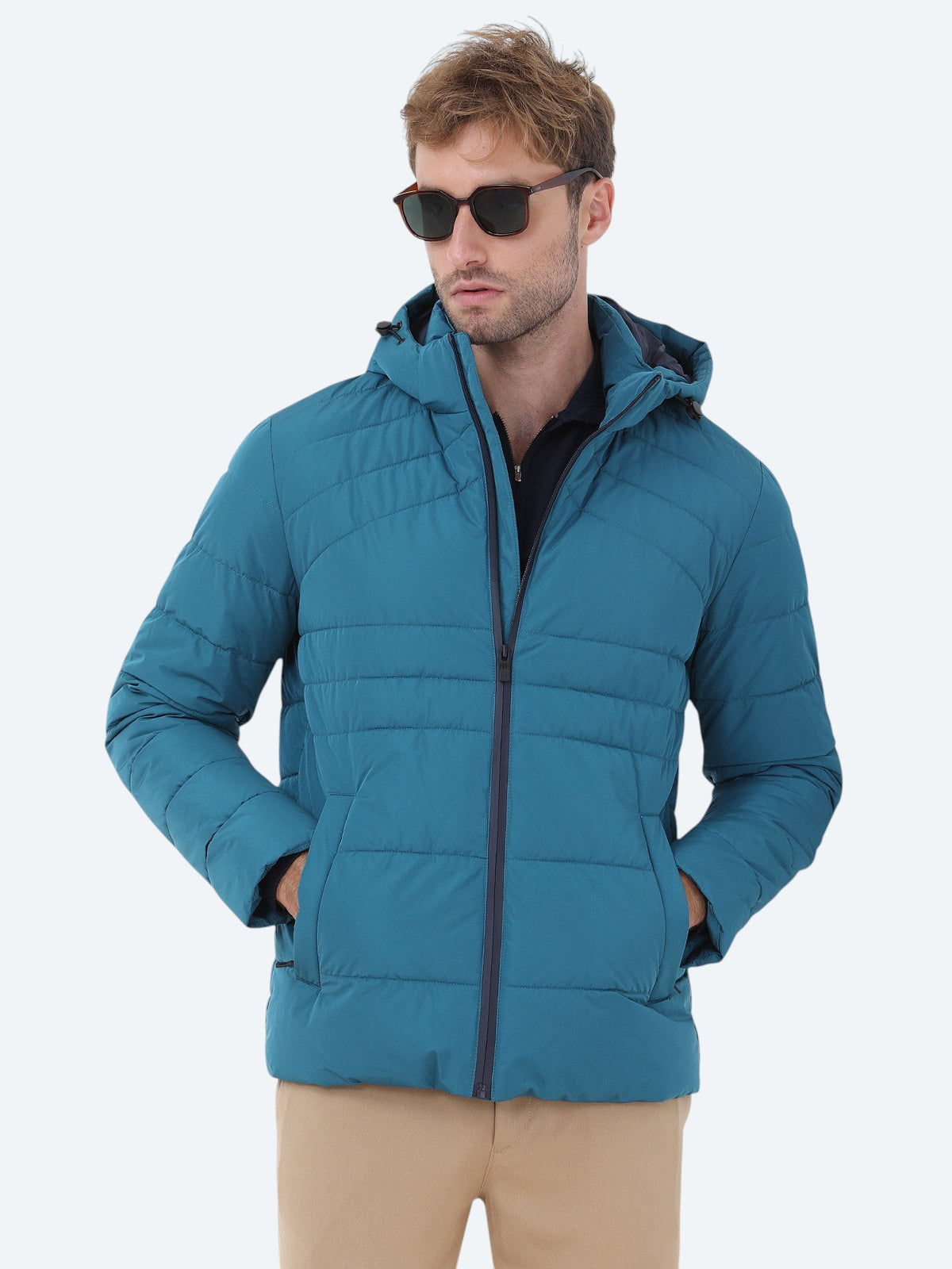 Petrol Regular Fit Kapüşonlu Casual Dokuma Mont