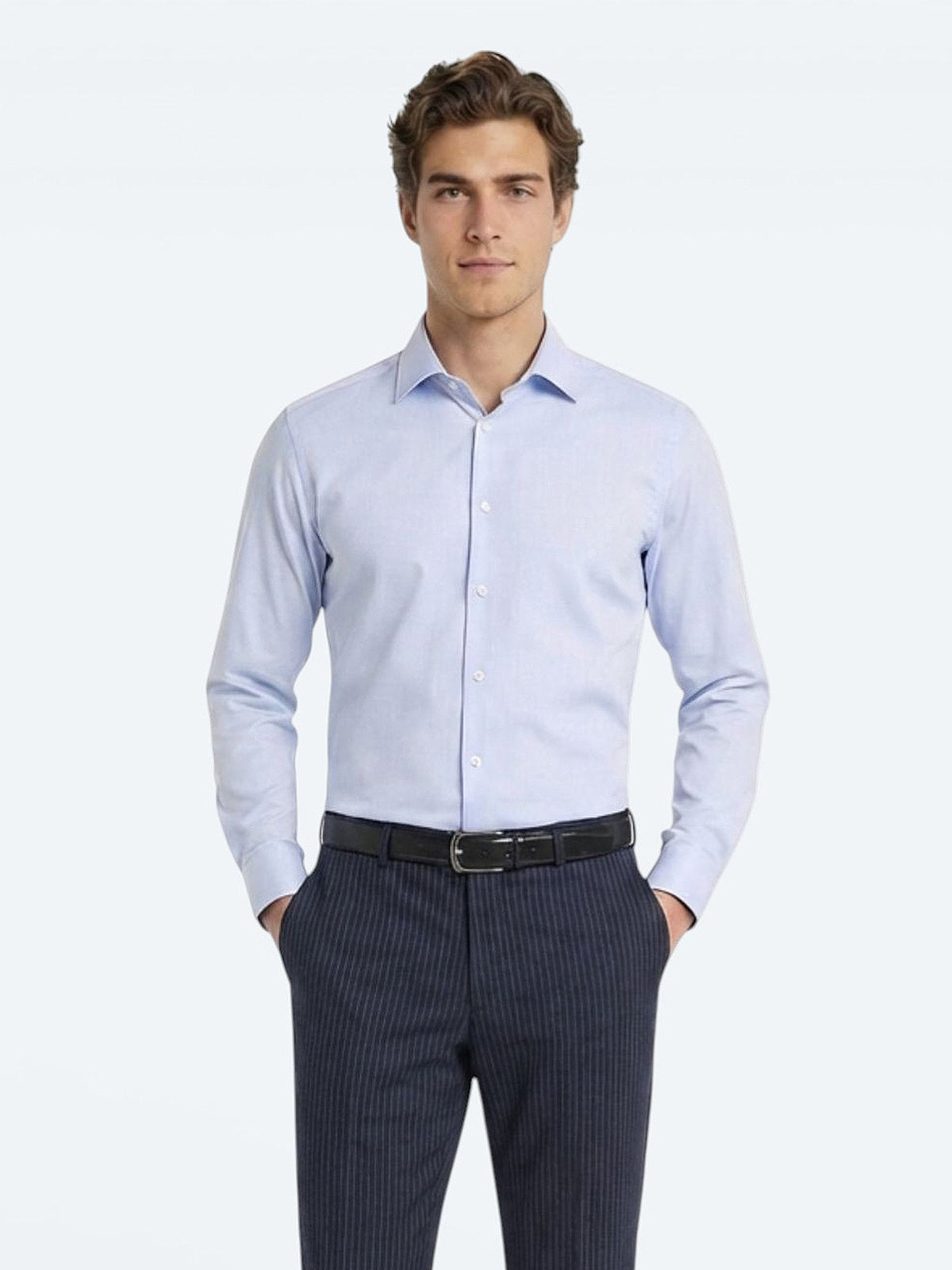 Blue Slim Fit Long Weaving Classical 100% Cotton Shirt