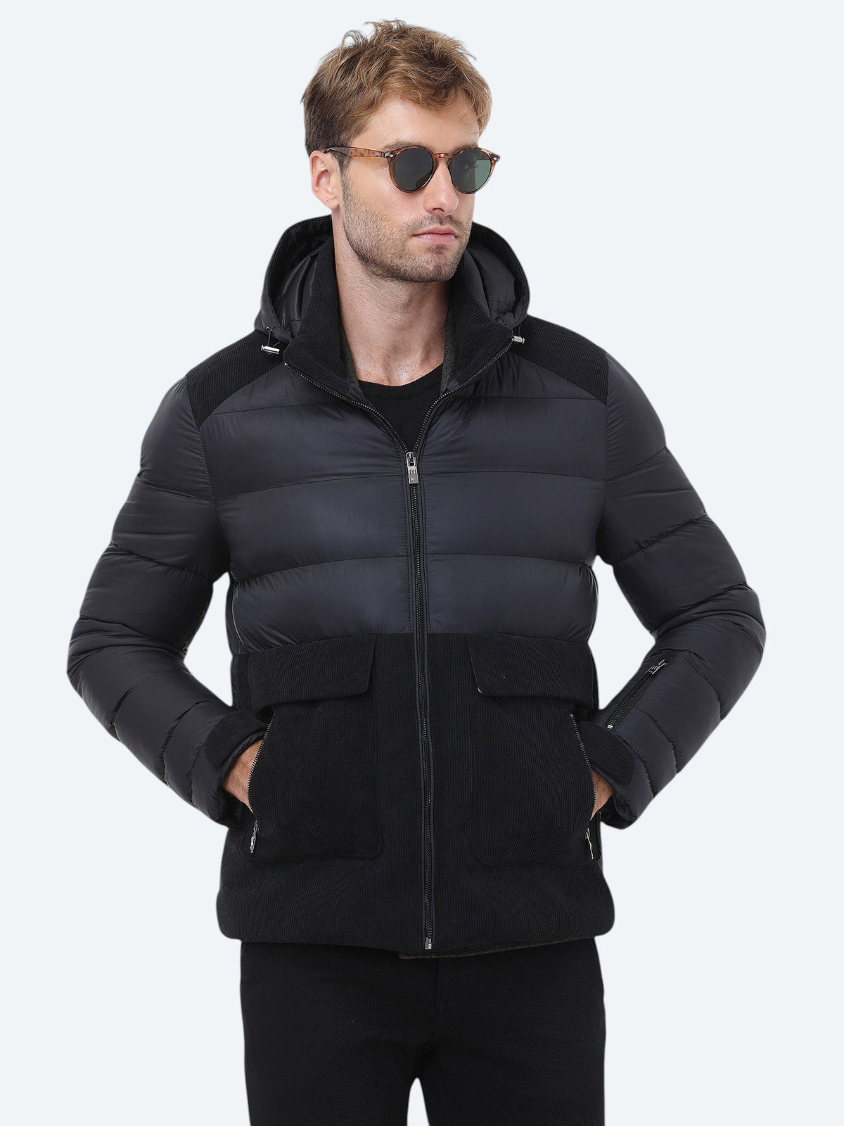 Siyah Regular Fit Kapüşonlu Casual Dokuma Mont