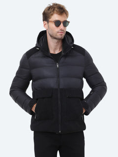 Siyah Regular Fit Kapüşonlu Casual Dokuma Mont