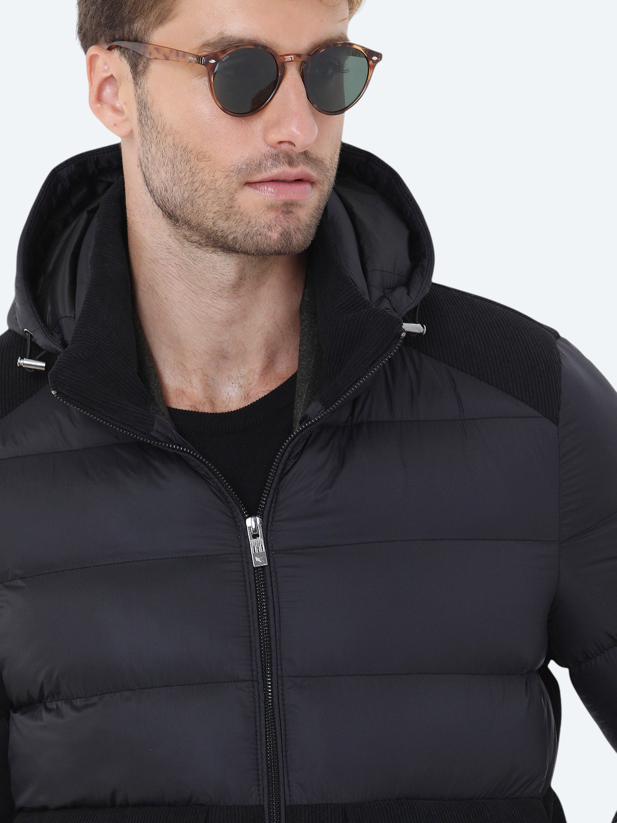 Siyah Regular Fit Kapüşonlu Casual Dokuma Mont