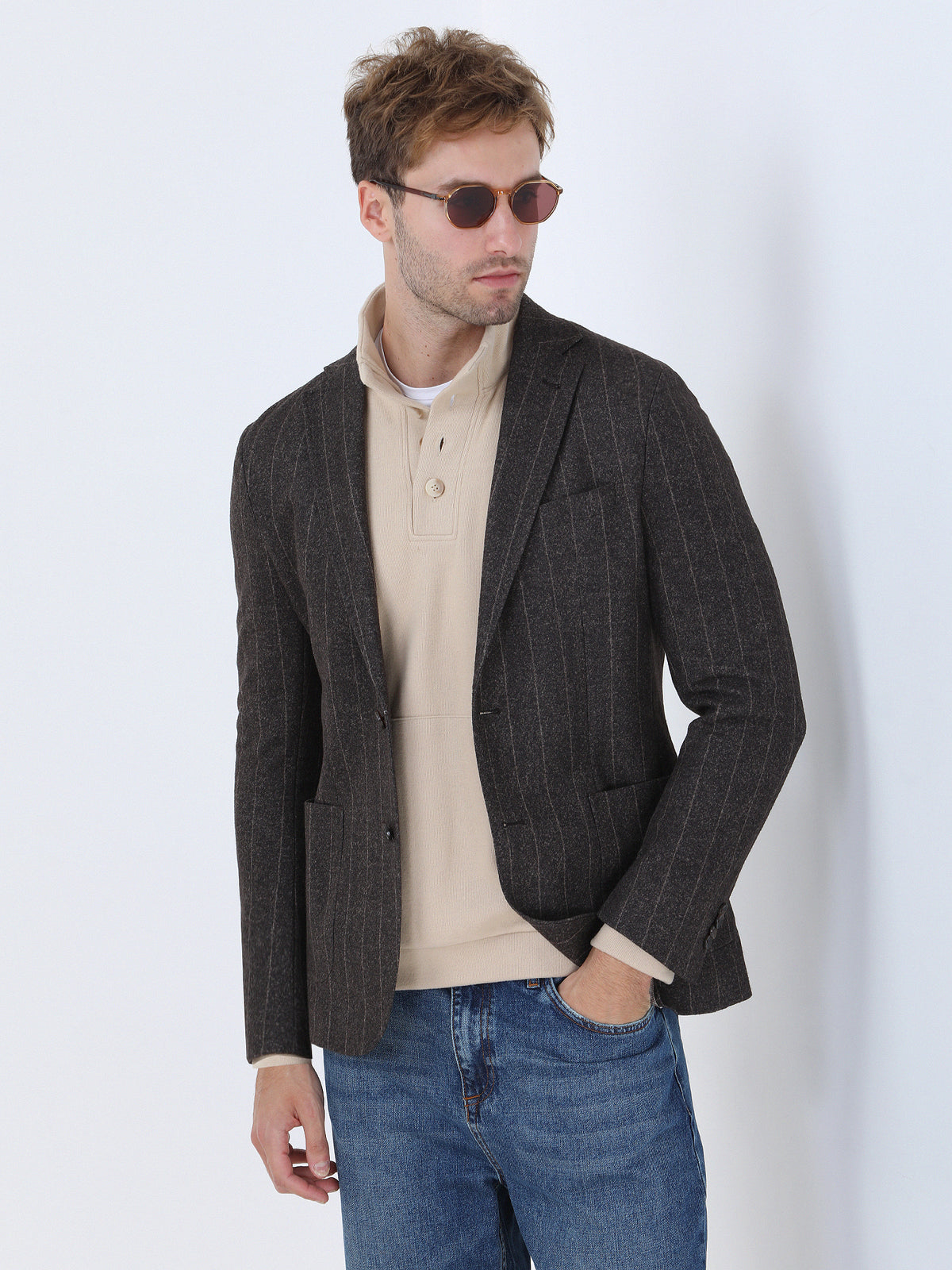 Kahverengi Çizgili Modern Fit Örme Ceket