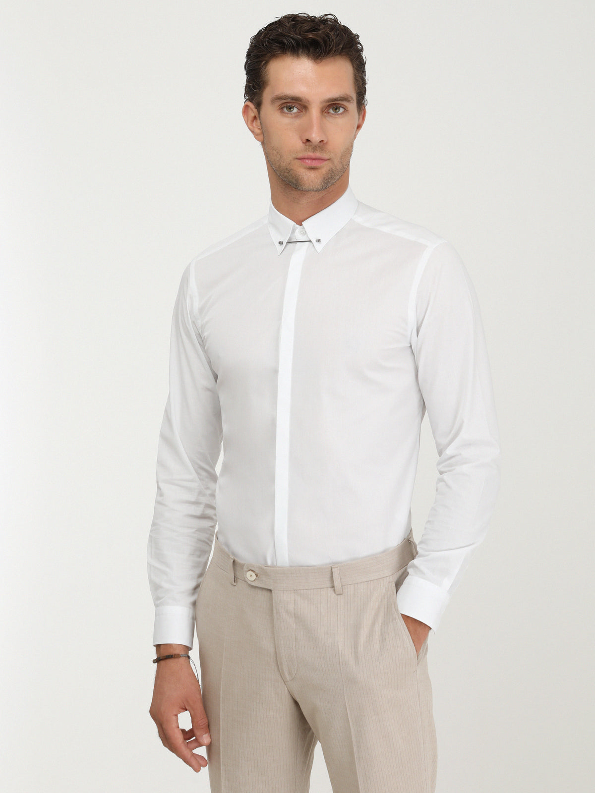 Beyaz Düz Slim Fit Düz Manşet Klasik Yaka Smokin Gömlek