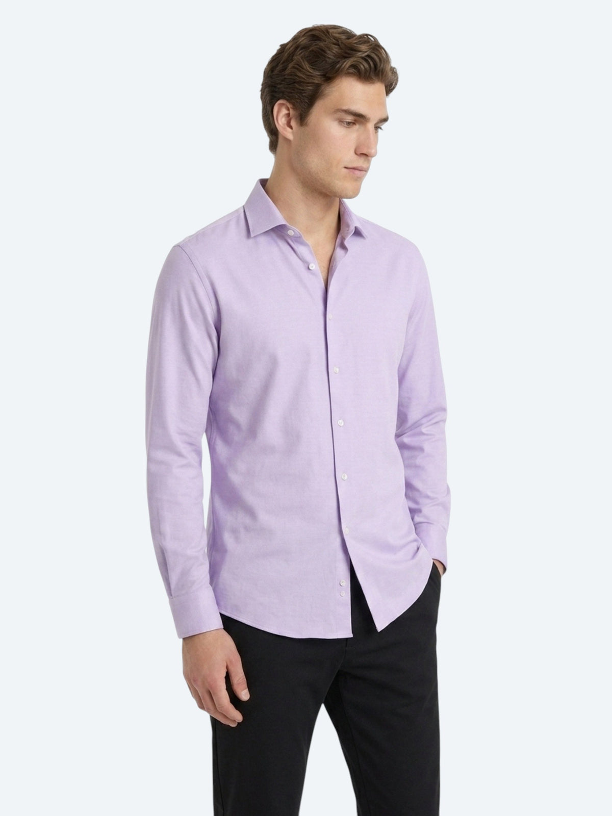 Lila Düz Slim Fit Uzun Dokuma Klasik Pamuk Karışımlı Gömlek