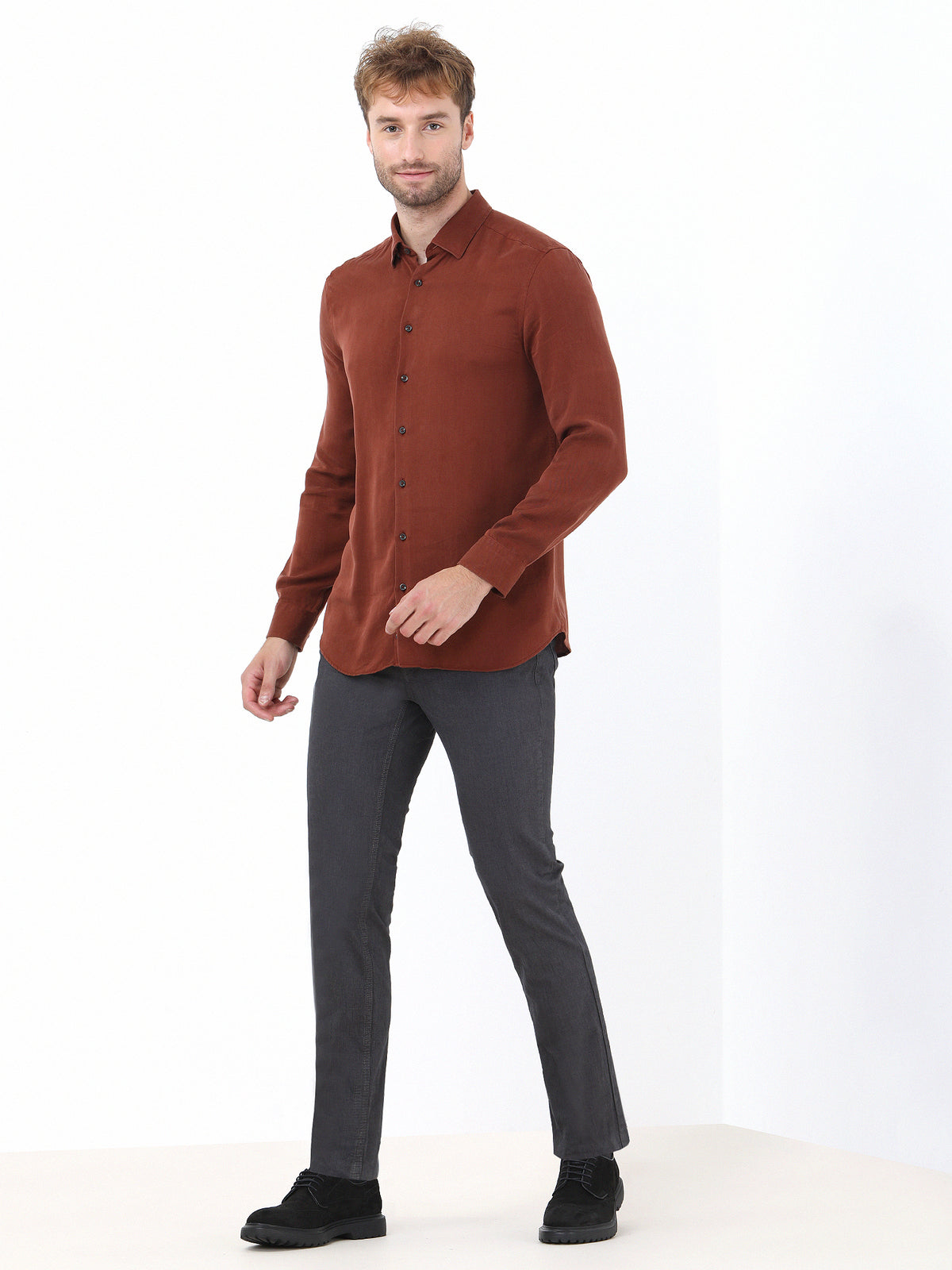 Kiremit Düz Regular Fit Uzun Dokuma Casual Gömlek