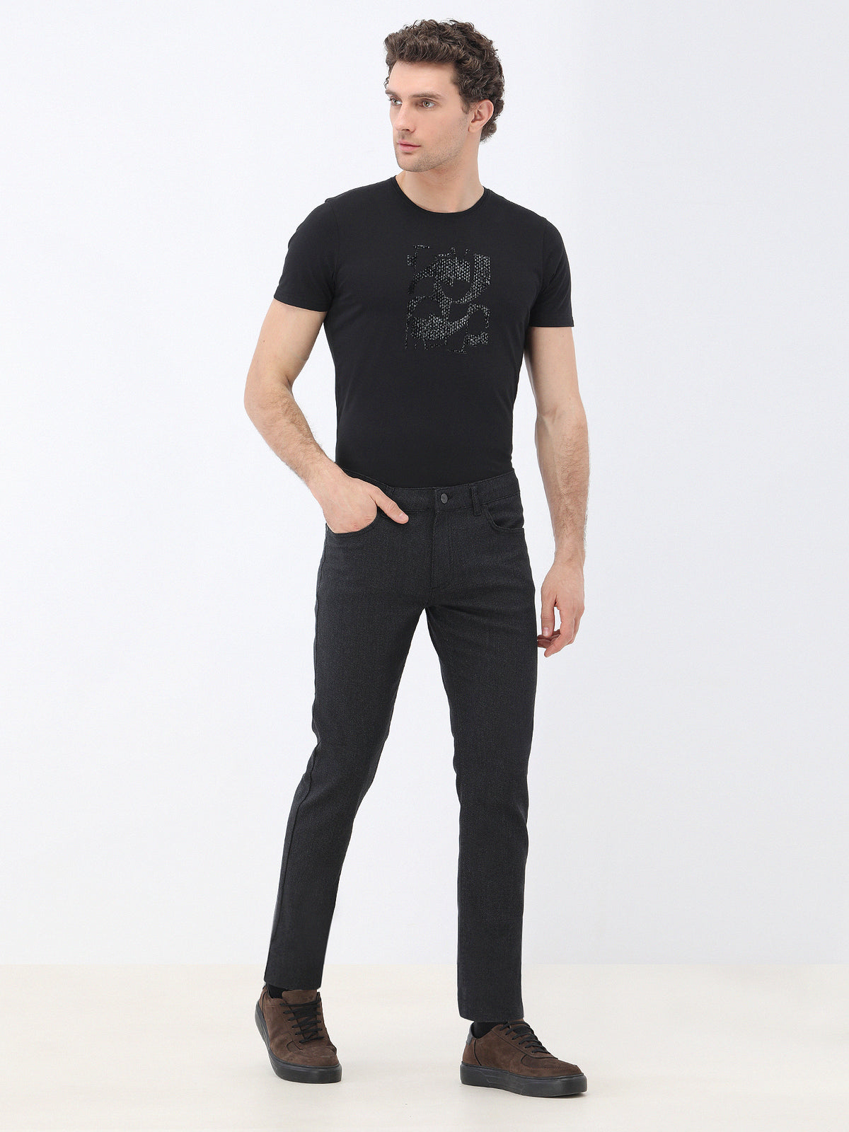 Siyah Dokuma Slim Fit Casual Pamuk Karışımlı Pantolon