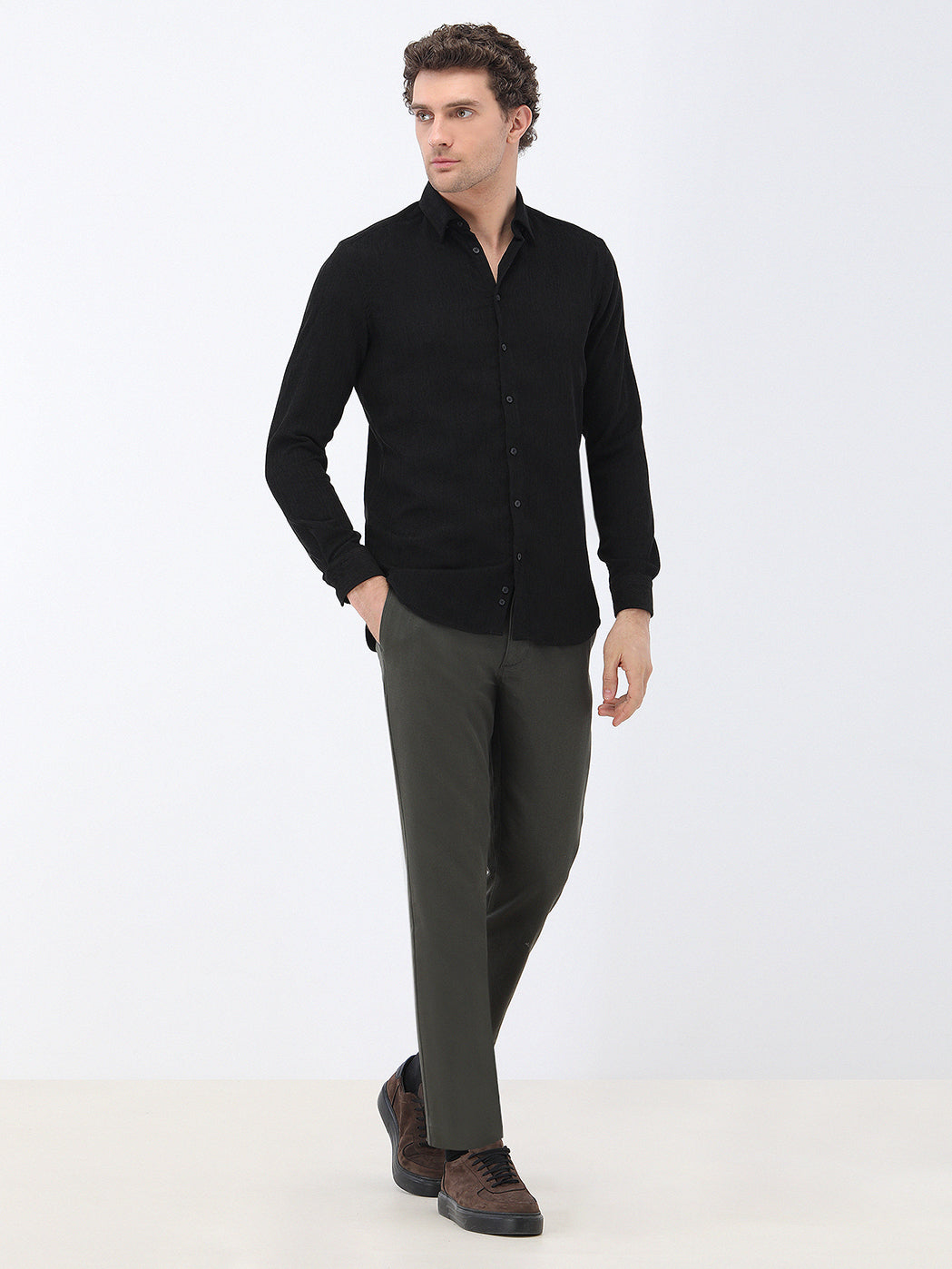 Siyah Regular Fit Uzun Dokuma Kadife Casual Pamuk Karışımlı Gömlek
