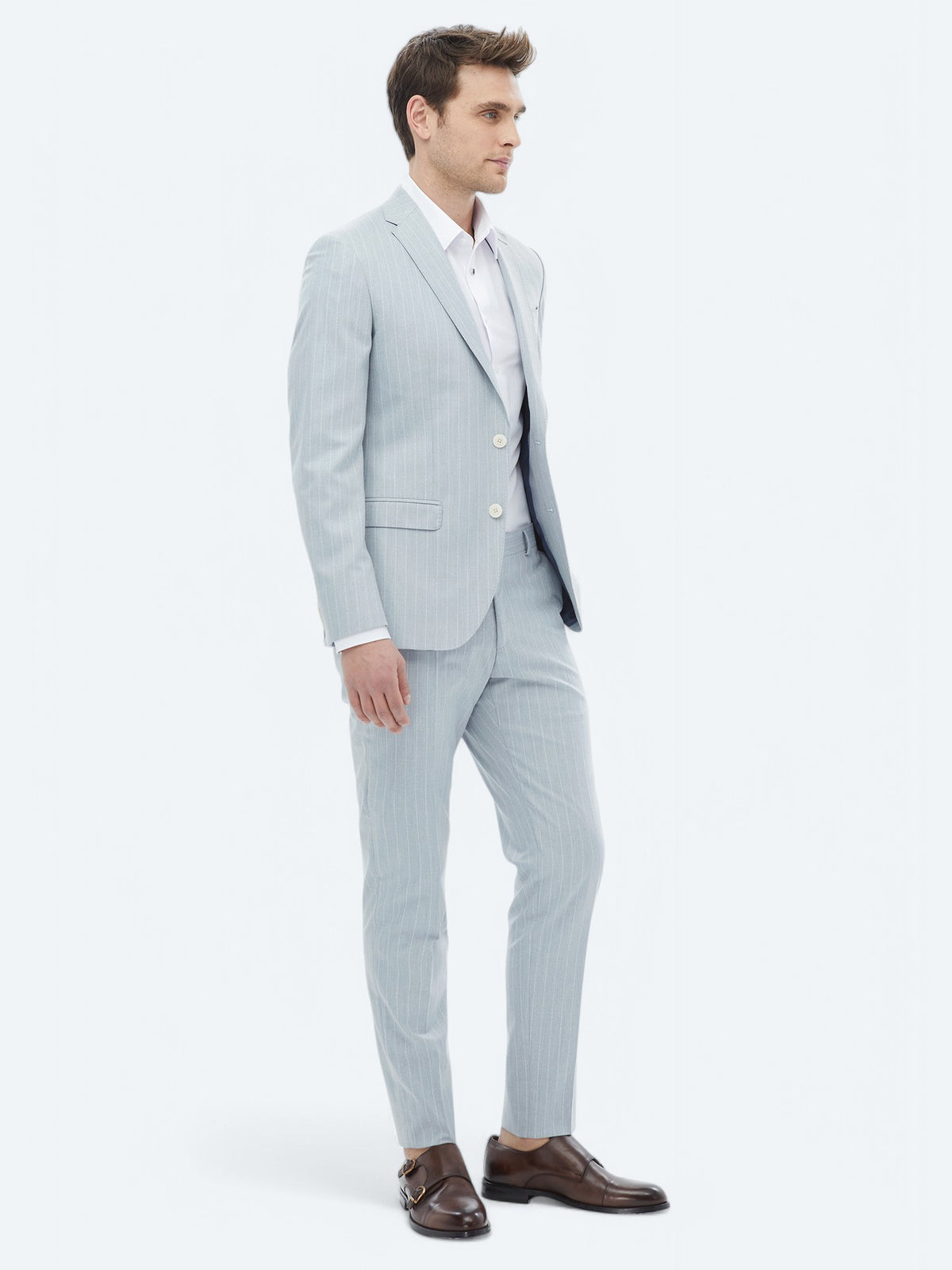Açık Mavi Çizgili Slim Fit Takım Elbise