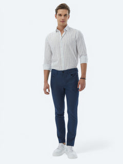 Lacivert Dokuma Slim Fit Casual Pamuk Karışımlı Pantolon