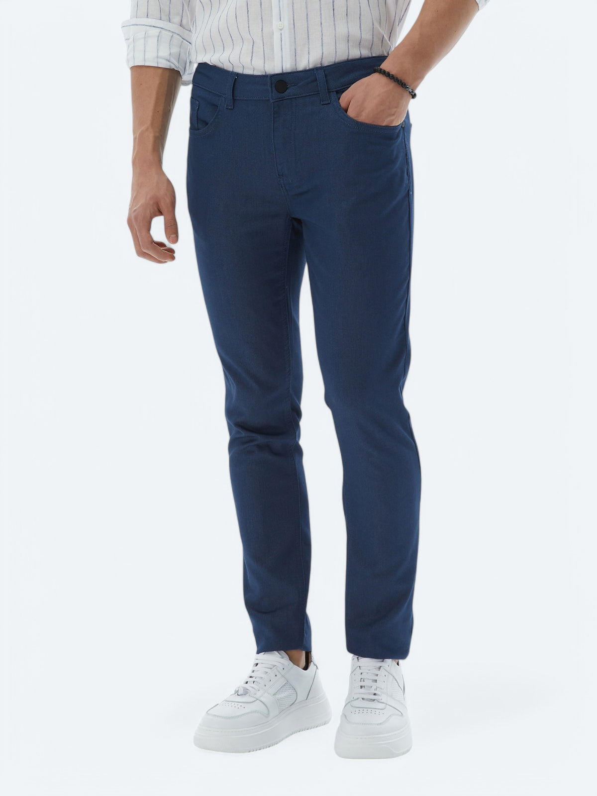 Lacivert Dokuma Slim Fit Casual Pamuk Karışımlı Pantolon