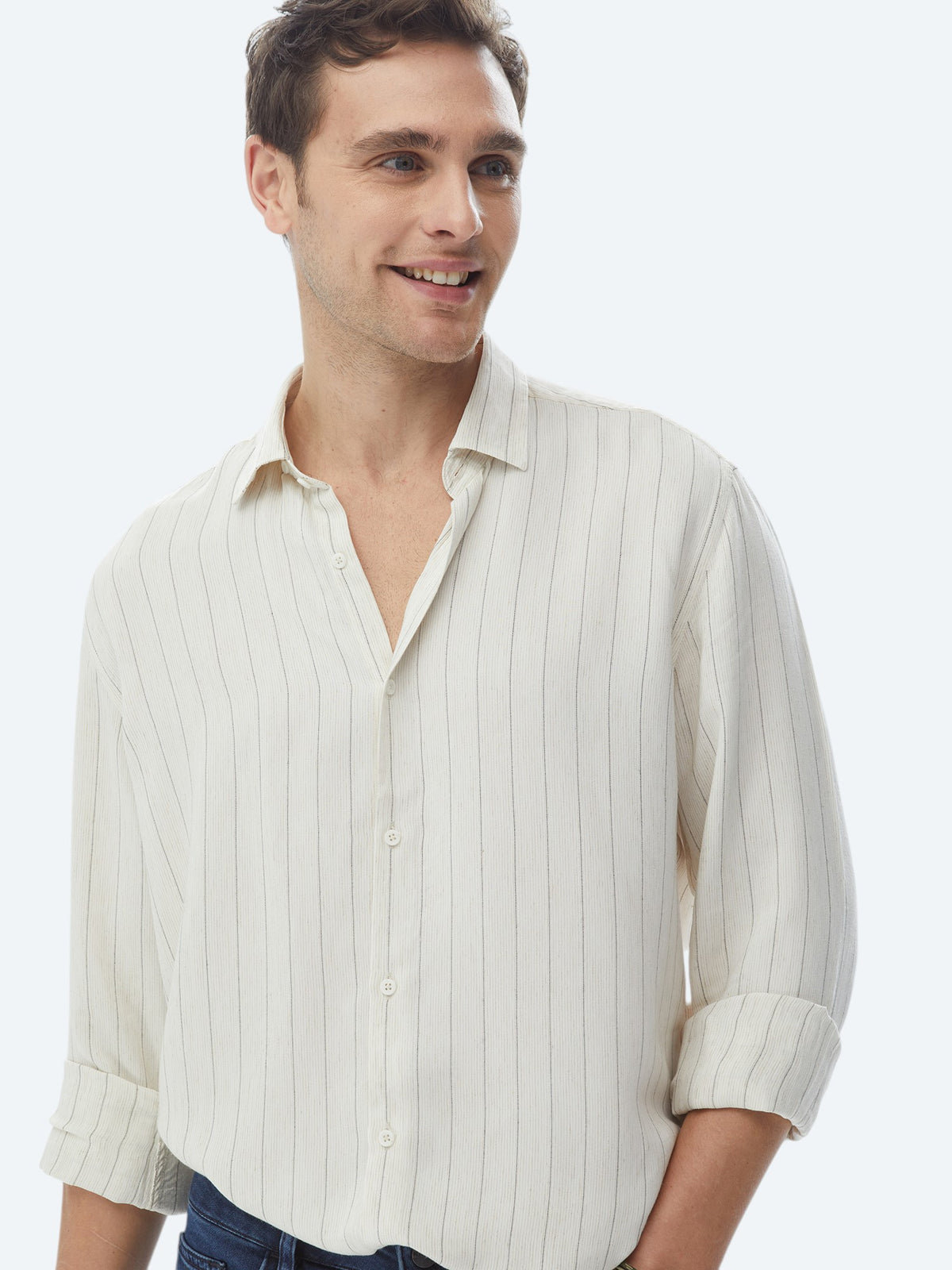 Bej Çizgili Regular Fit Uzun Dokuma Casual Keten Karışımlı Gömlek