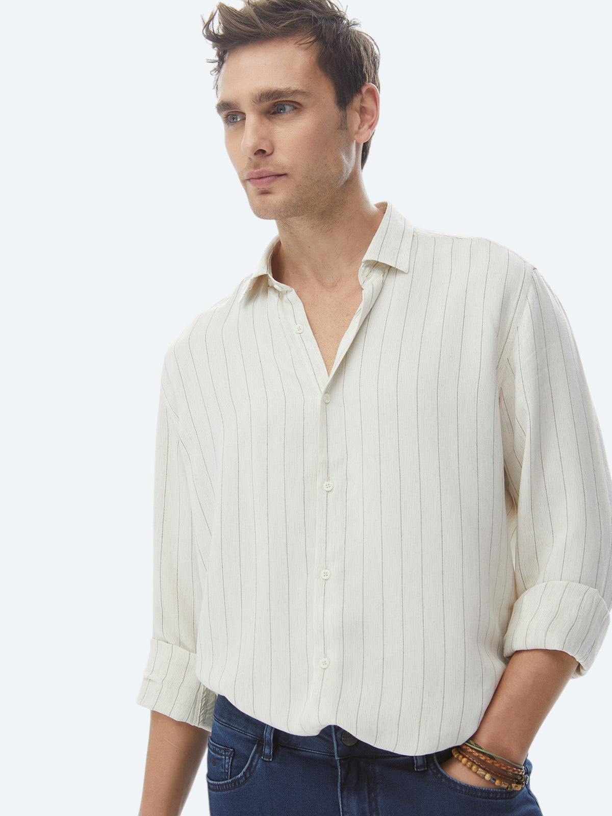 Bej Çizgili Regular Fit Uzun Dokuma Casual Keten Karışımlı Gömlek