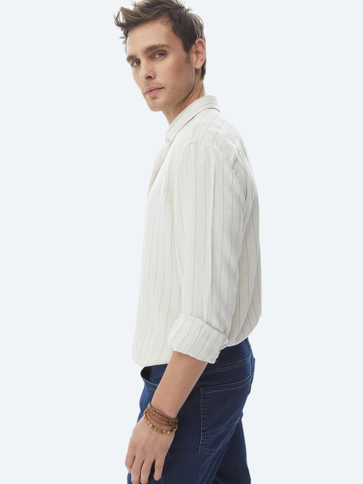 Bej Çizgili Regular Fit Uzun Dokuma Casual Keten Karışımlı Gömlek