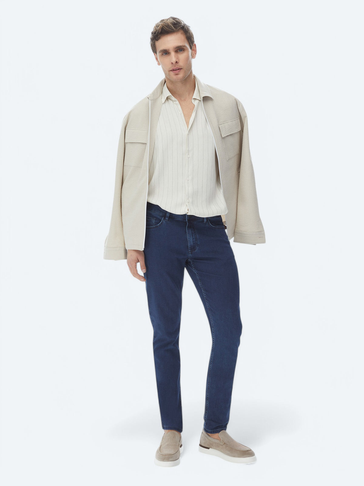 Bej Çizgili Regular Fit Uzun Dokuma Casual Keten Karışımlı Gömlek