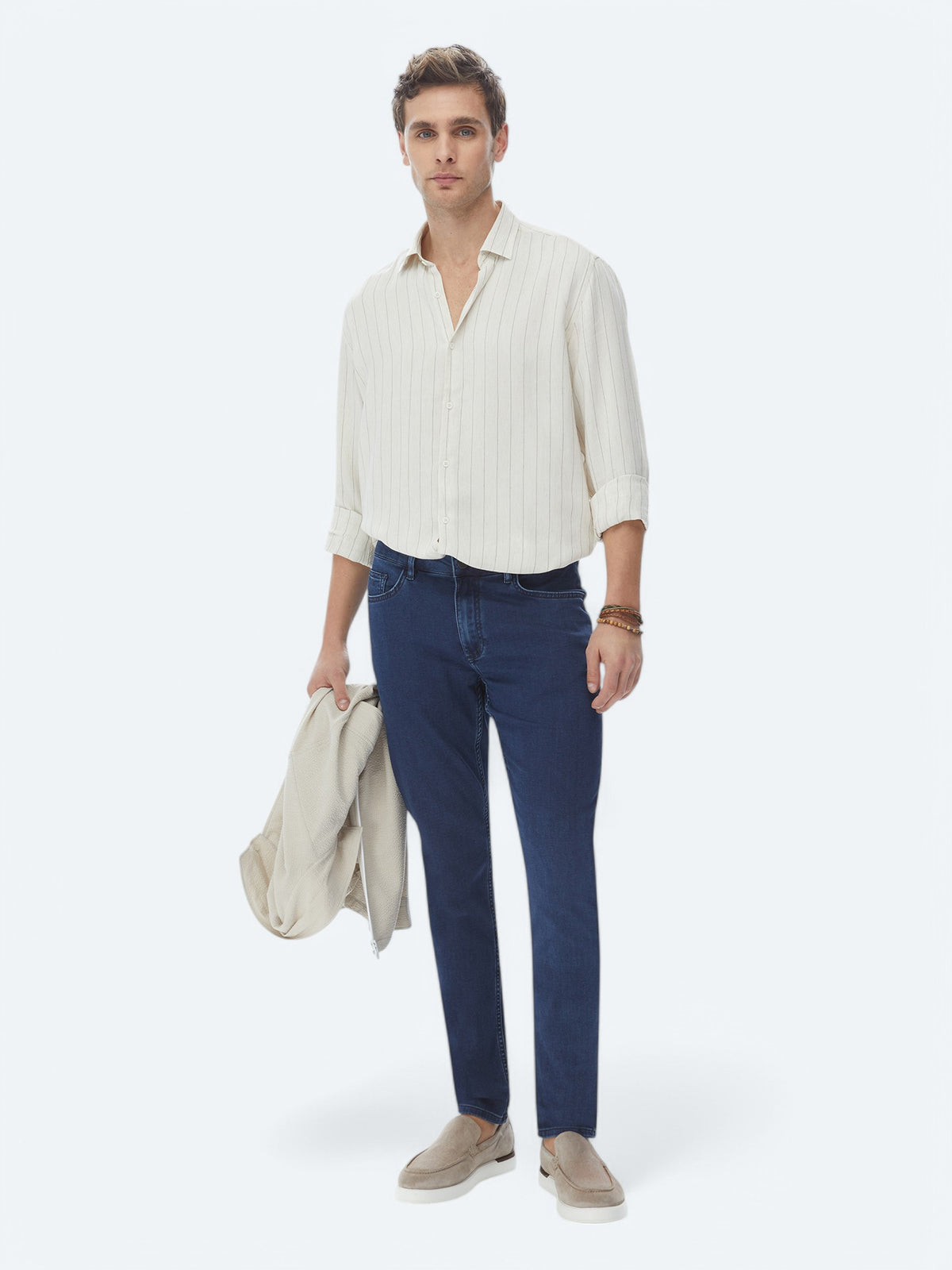 Bej Çizgili Regular Fit Uzun Dokuma Casual Keten Karışımlı Gömlek