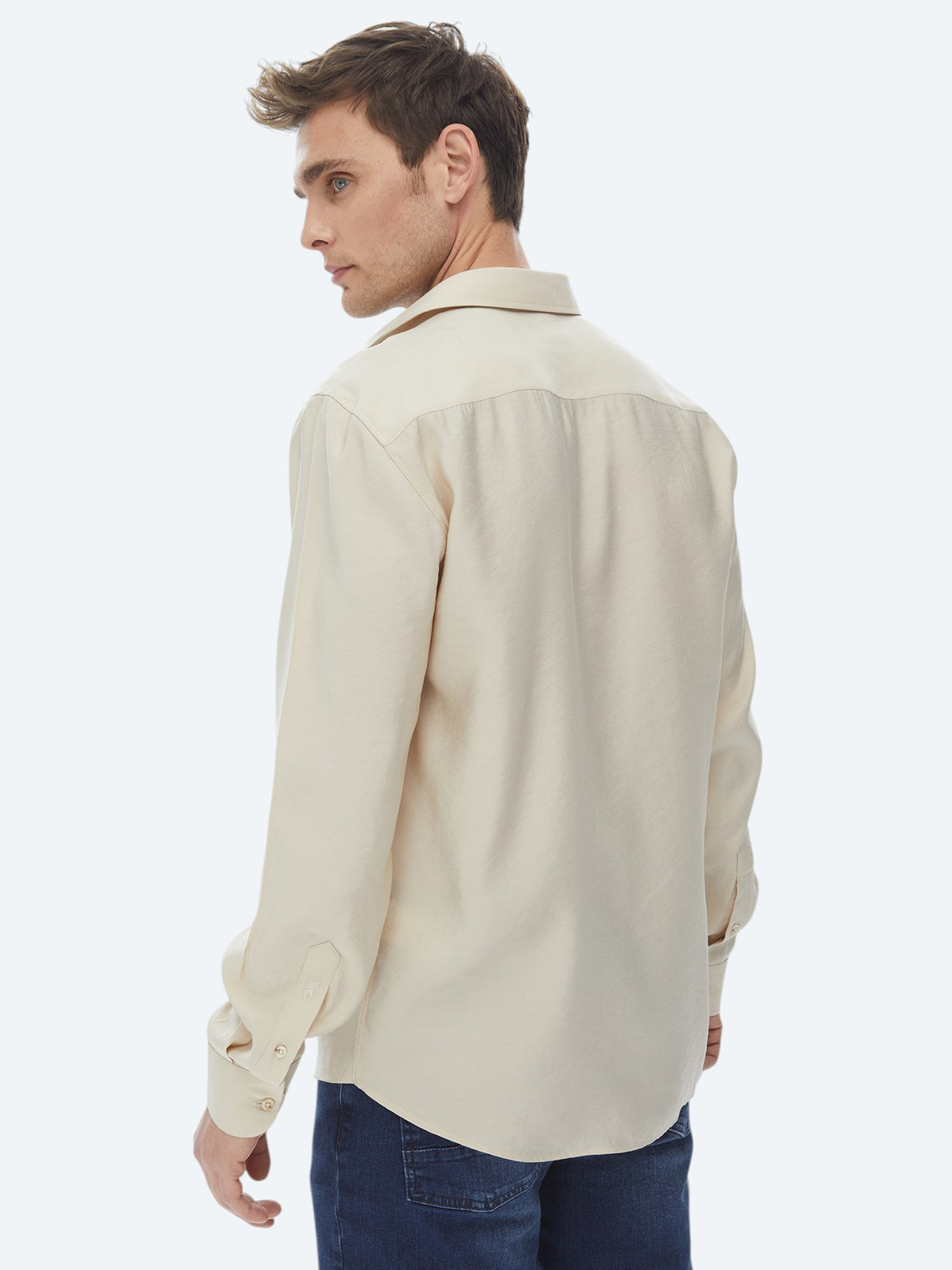 Bej Düz Regular Fit Uzun Dokuma Casual Gömlek