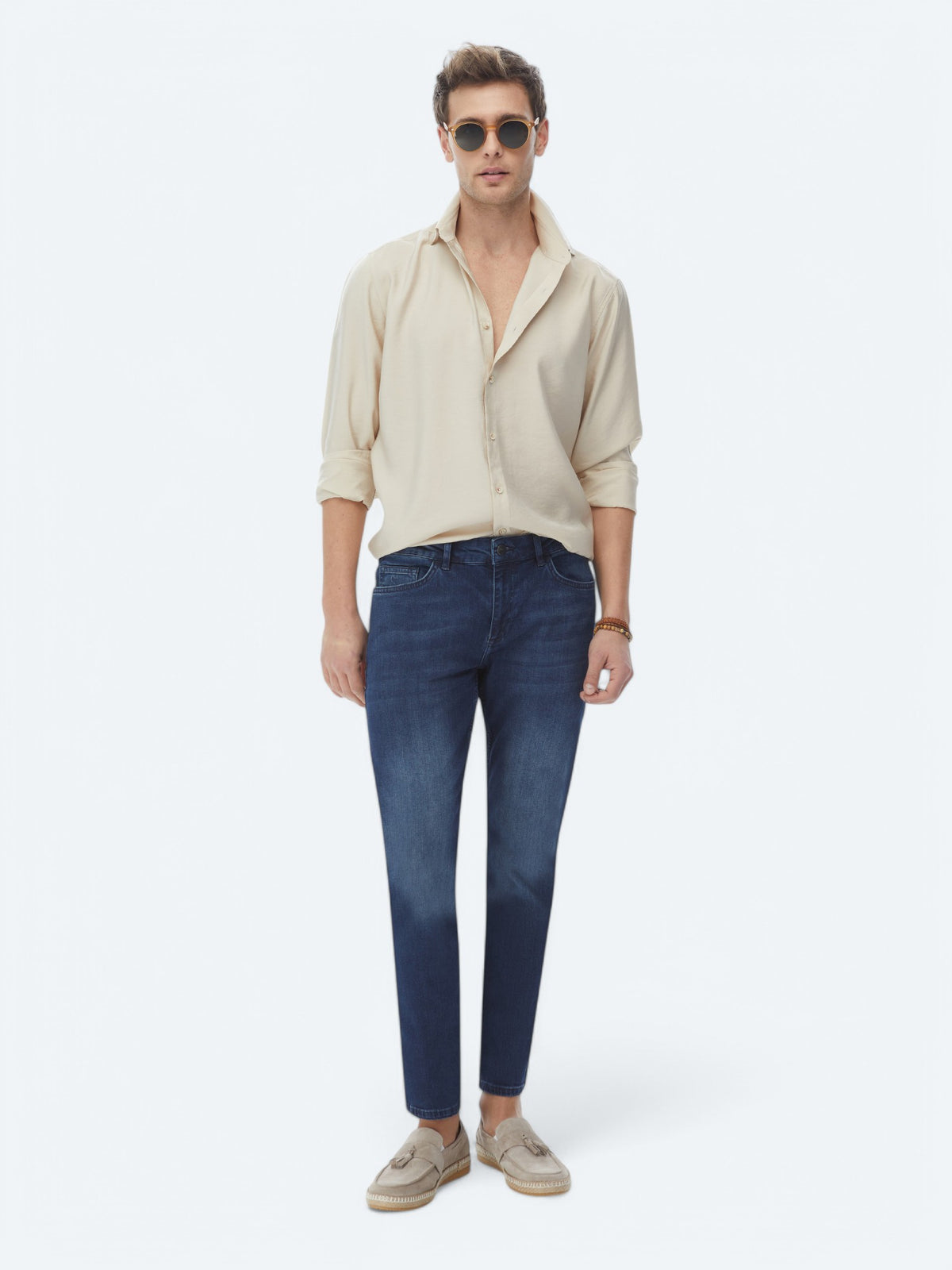 Bej Düz Regular Fit Uzun Dokuma Casual Gömlek
