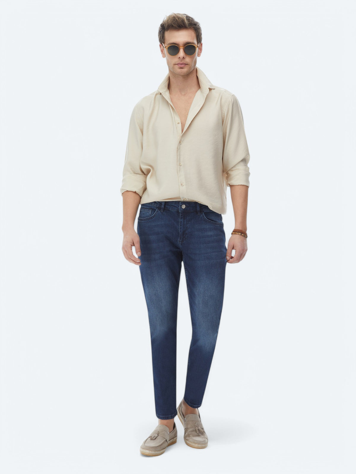 Bej Düz Regular Fit Uzun Dokuma Casual Gömlek
