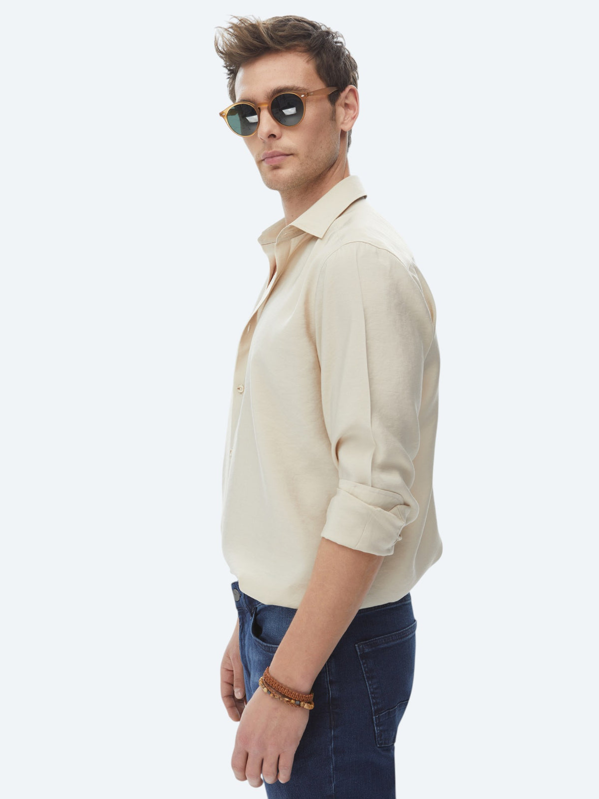 Bej Düz Regular Fit Uzun Dokuma Casual Gömlek