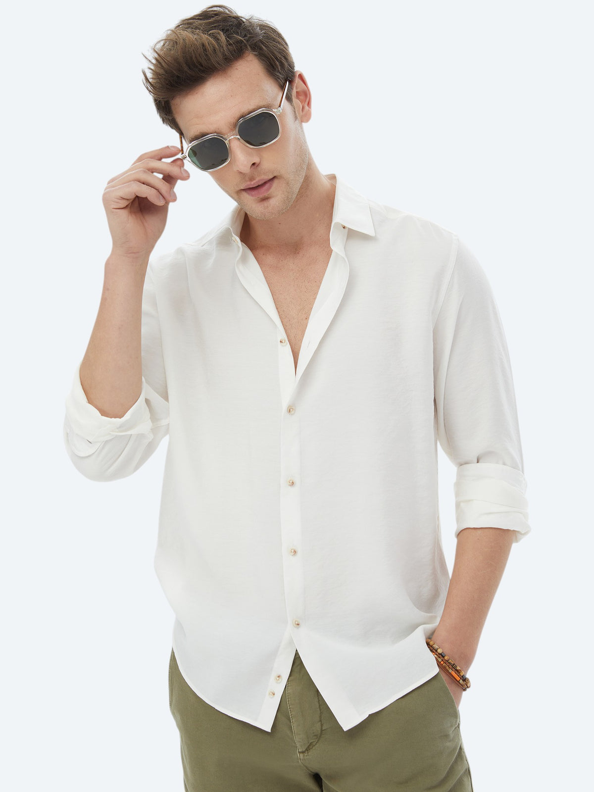 Ekru Düz Regular Fit Uzun Dokuma Casual Gömlek