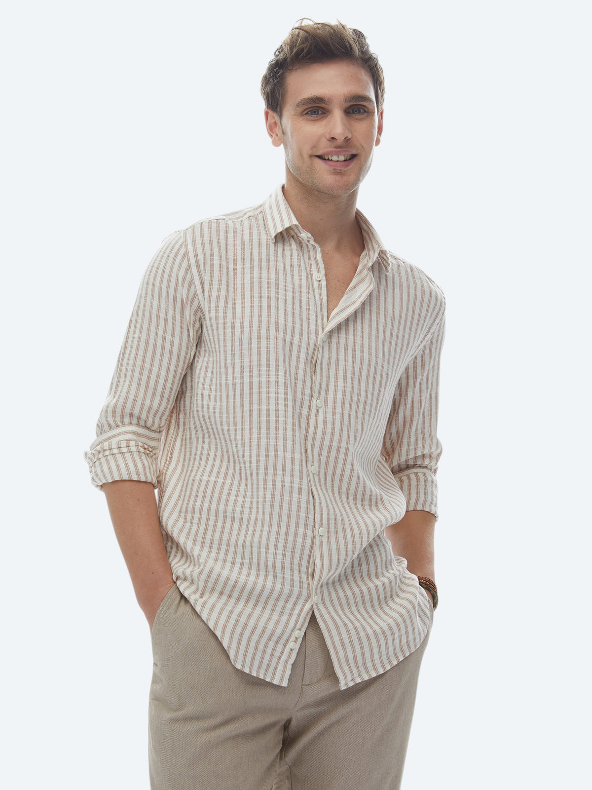 Kiremit Çizgili Regular Fit Uzun Dokuma Casual Pamuk Karışımlı Gömlek