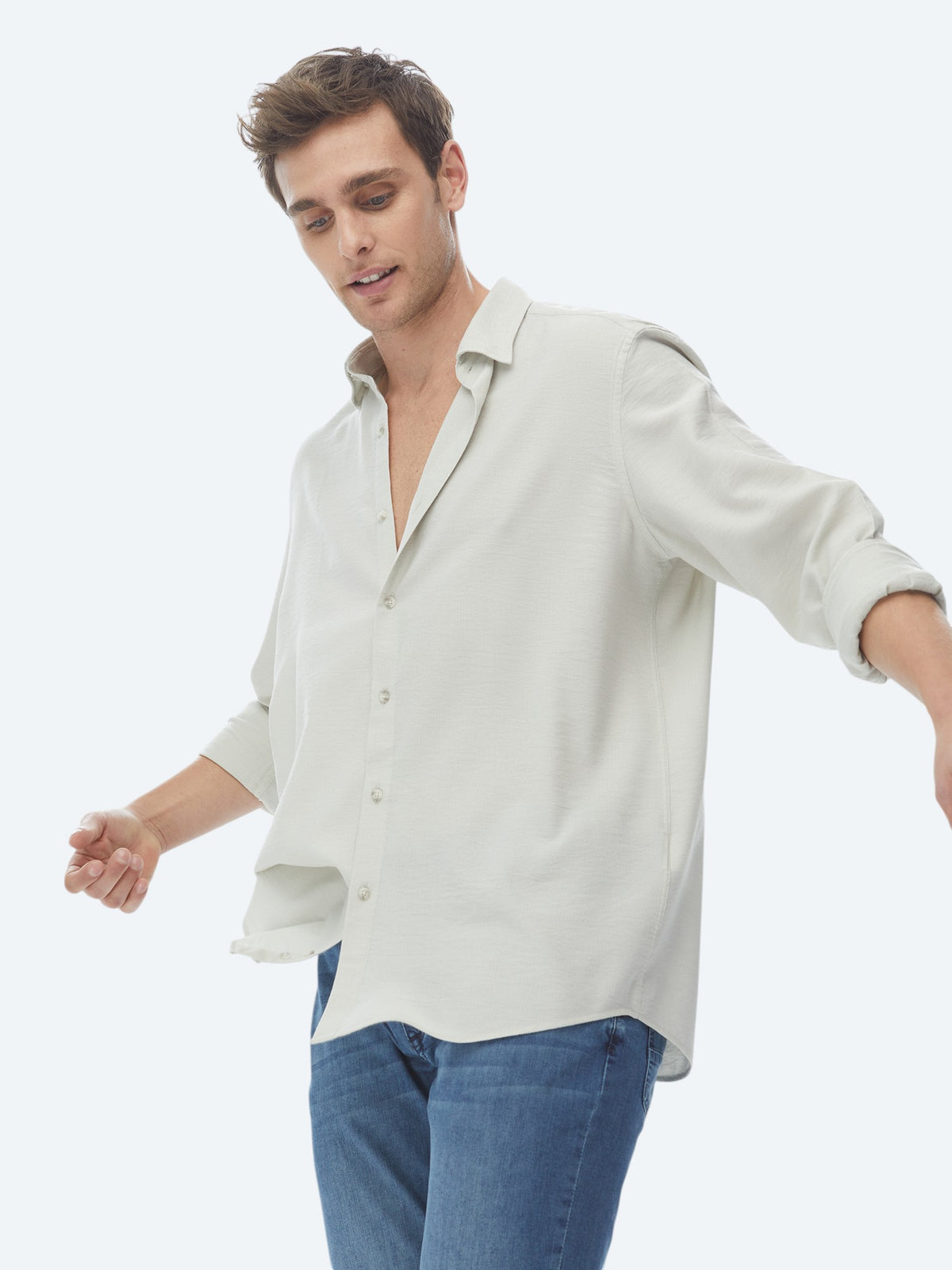 Açık Haki Regular Fit Uzun Dokuma Casual Gömlek
