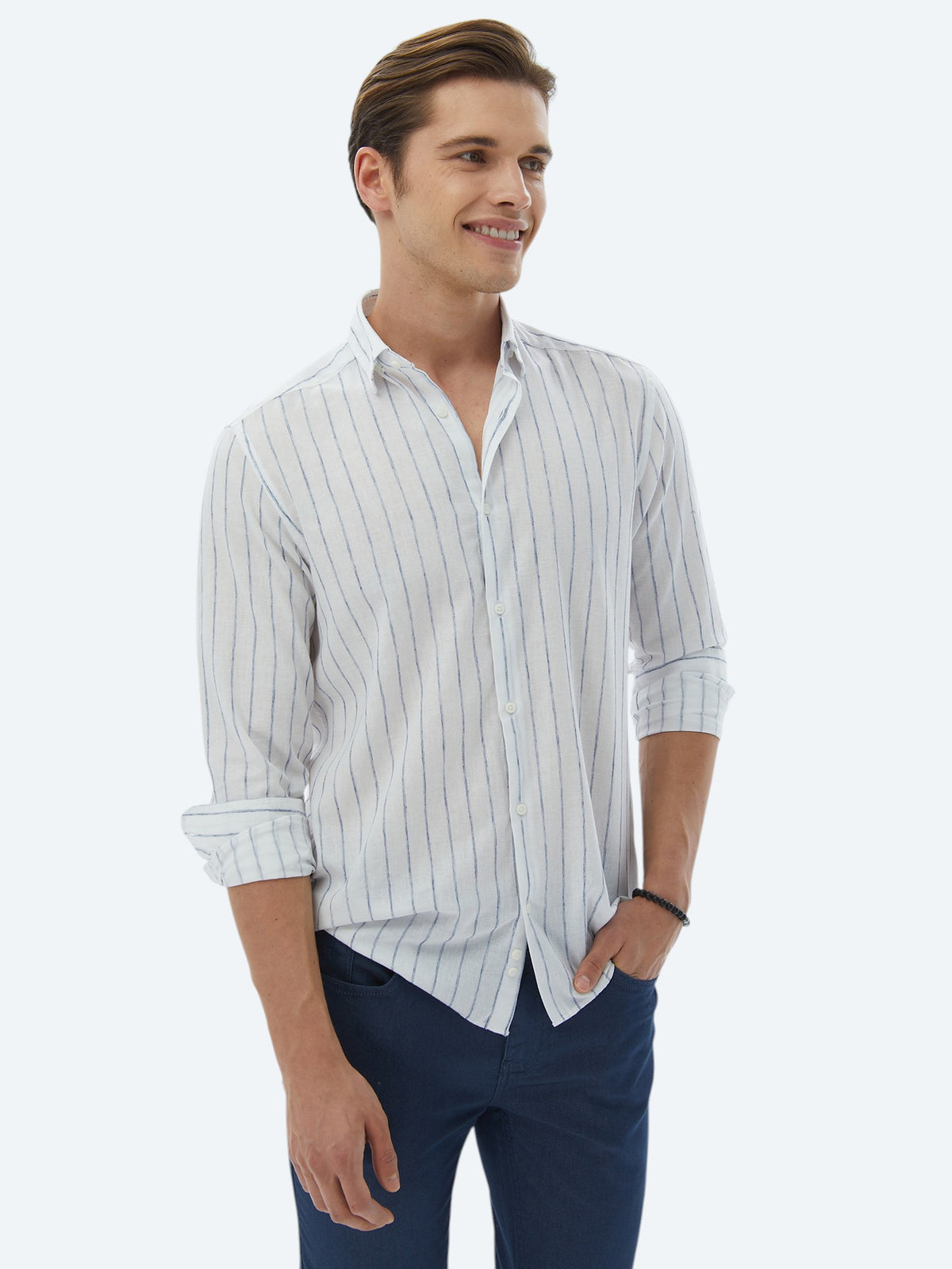 Lacivert Çizgili Regular Fit Uzun Dokuma Casual Pamuk Karışımlı Gömlek