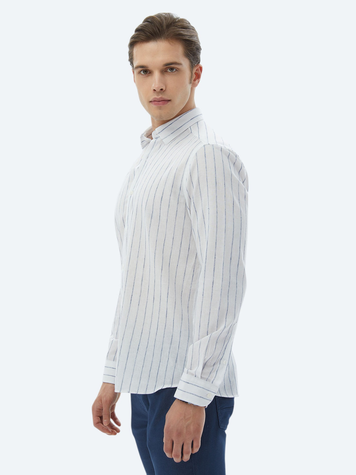 Lacivert Çizgili Regular Fit Uzun Dokuma Casual Pamuk Karışımlı Gömlek