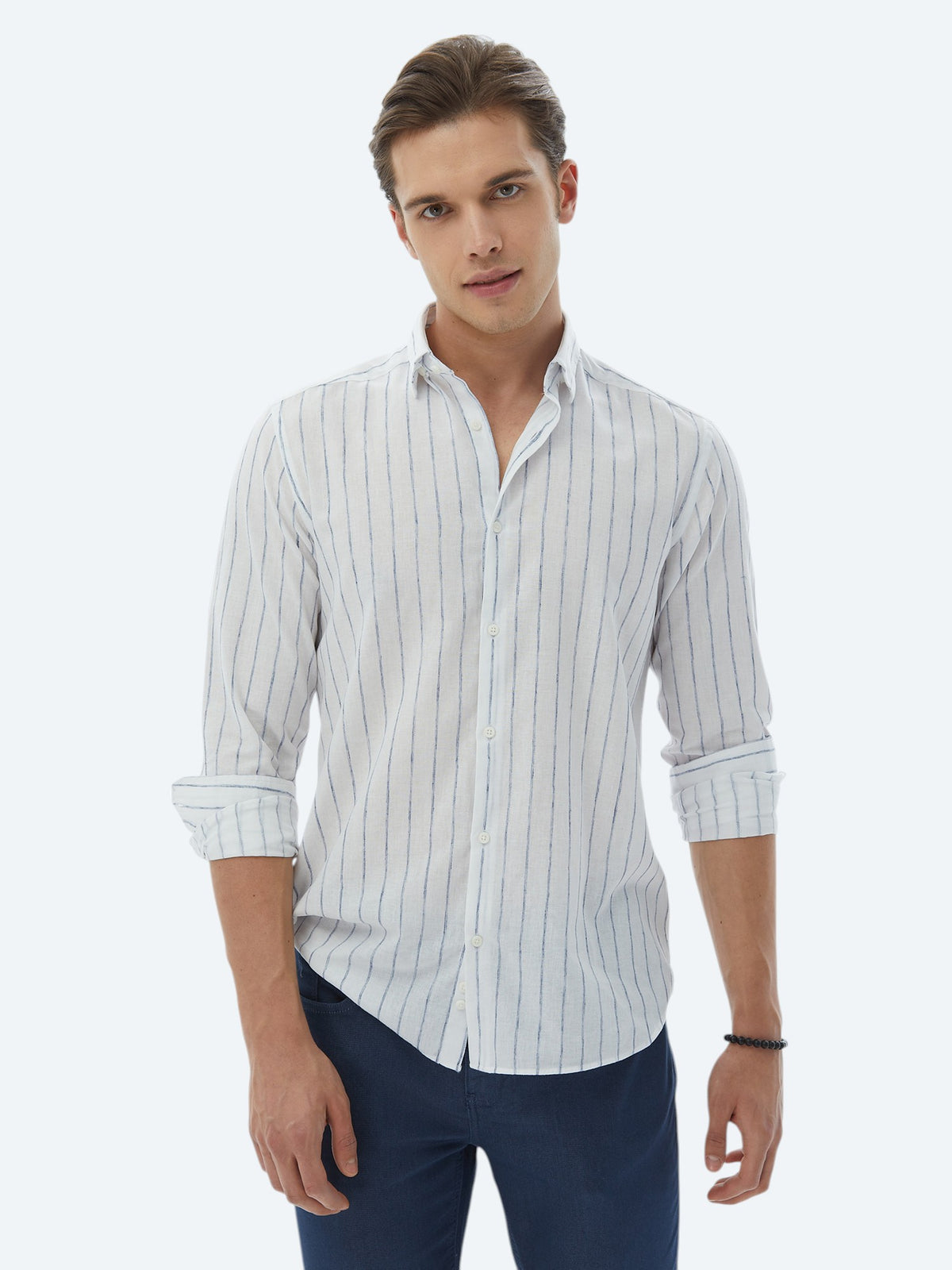 Lacivert Çizgili Regular Fit Uzun Dokuma Casual Pamuk Karışımlı Gömlek