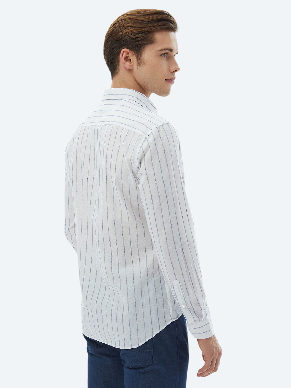 Lacivert Çizgili Regular Fit Uzun Dokuma Casual Pamuk Karışımlı Gömlek
