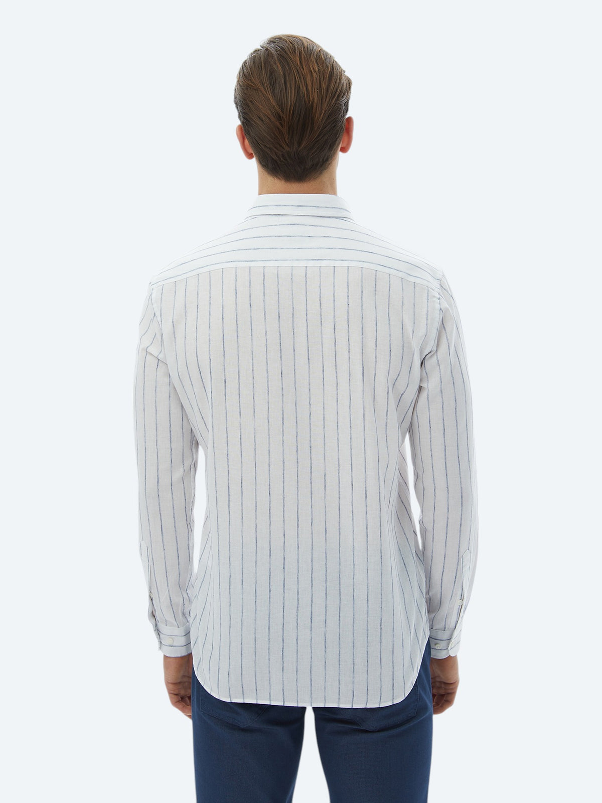 Lacivert Çizgili Regular Fit Uzun Dokuma Casual Pamuk Karışımlı Gömlek