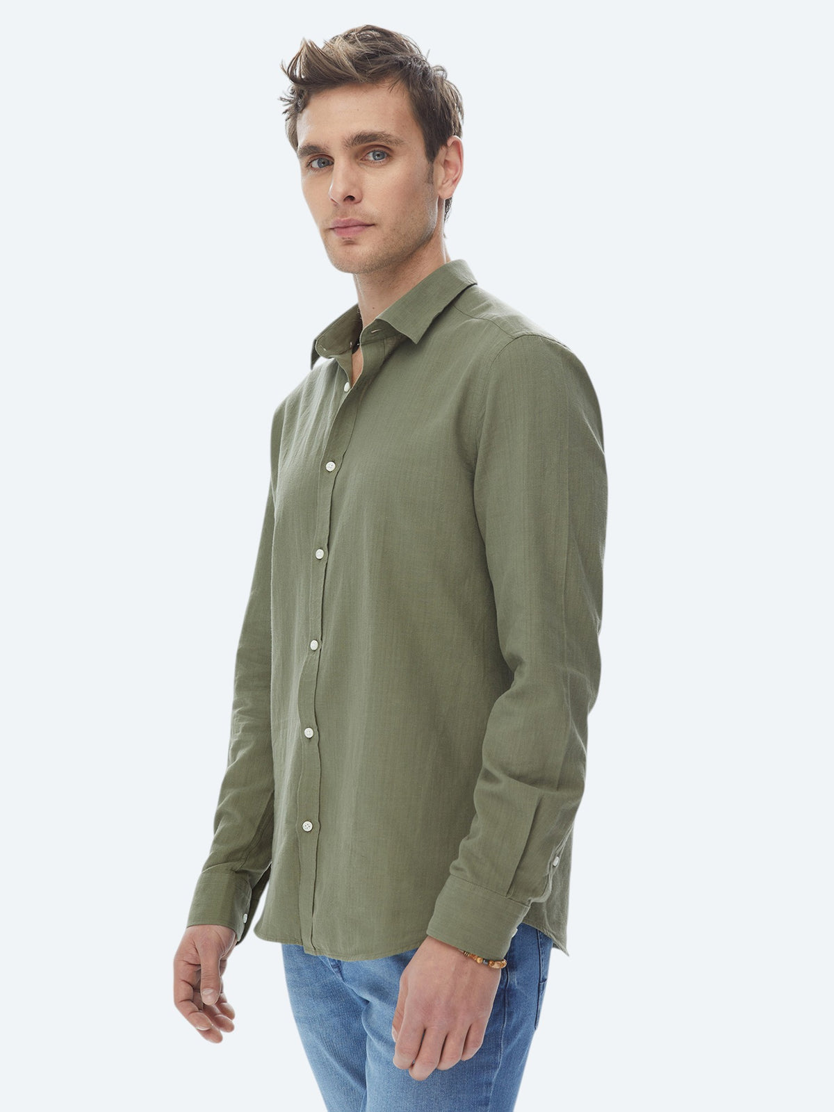 Haki Düz Regular Fit Uzun Dokuma Casual %100 Pamuk Gömlek