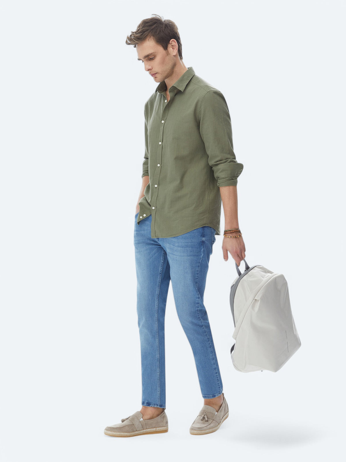 Haki Düz Regular Fit Uzun Dokuma Casual %100 Pamuk Gömlek