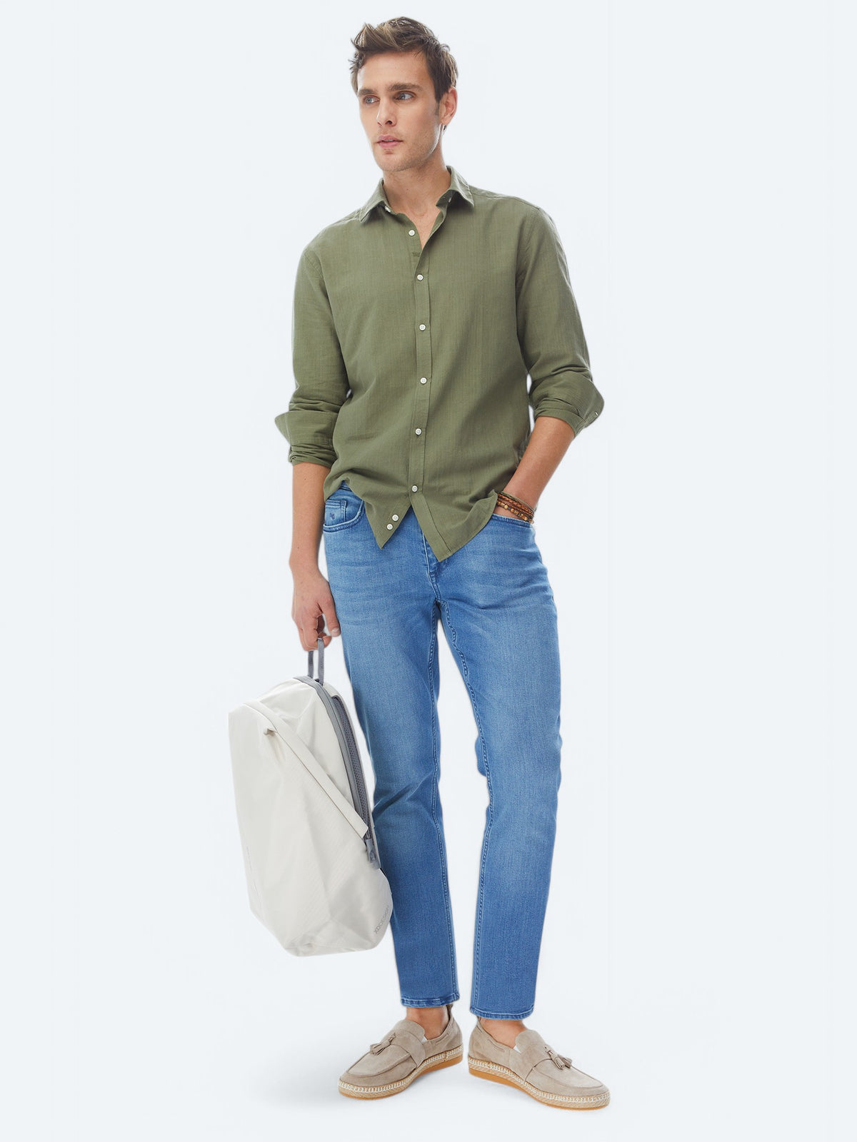 Haki Düz Regular Fit Uzun Dokuma Casual %100 Pamuk Gömlek