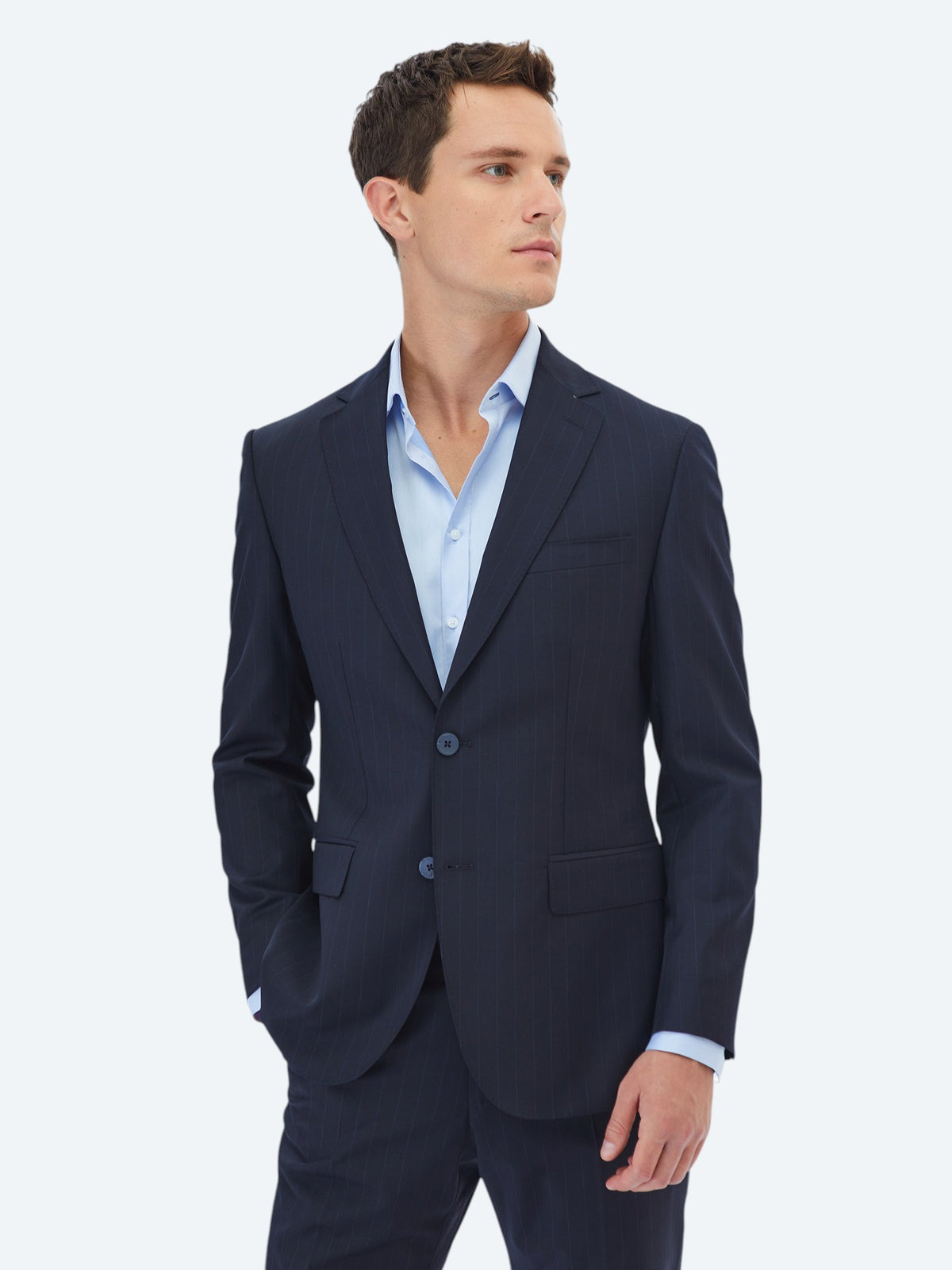 Lacivert Çizgili Modern Fit Yün Karışımlı Takım Elbise