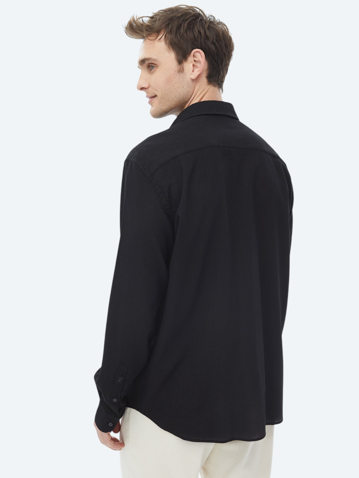 Siyah Regular Fit Uzun Dokuma Casual Gömlek
