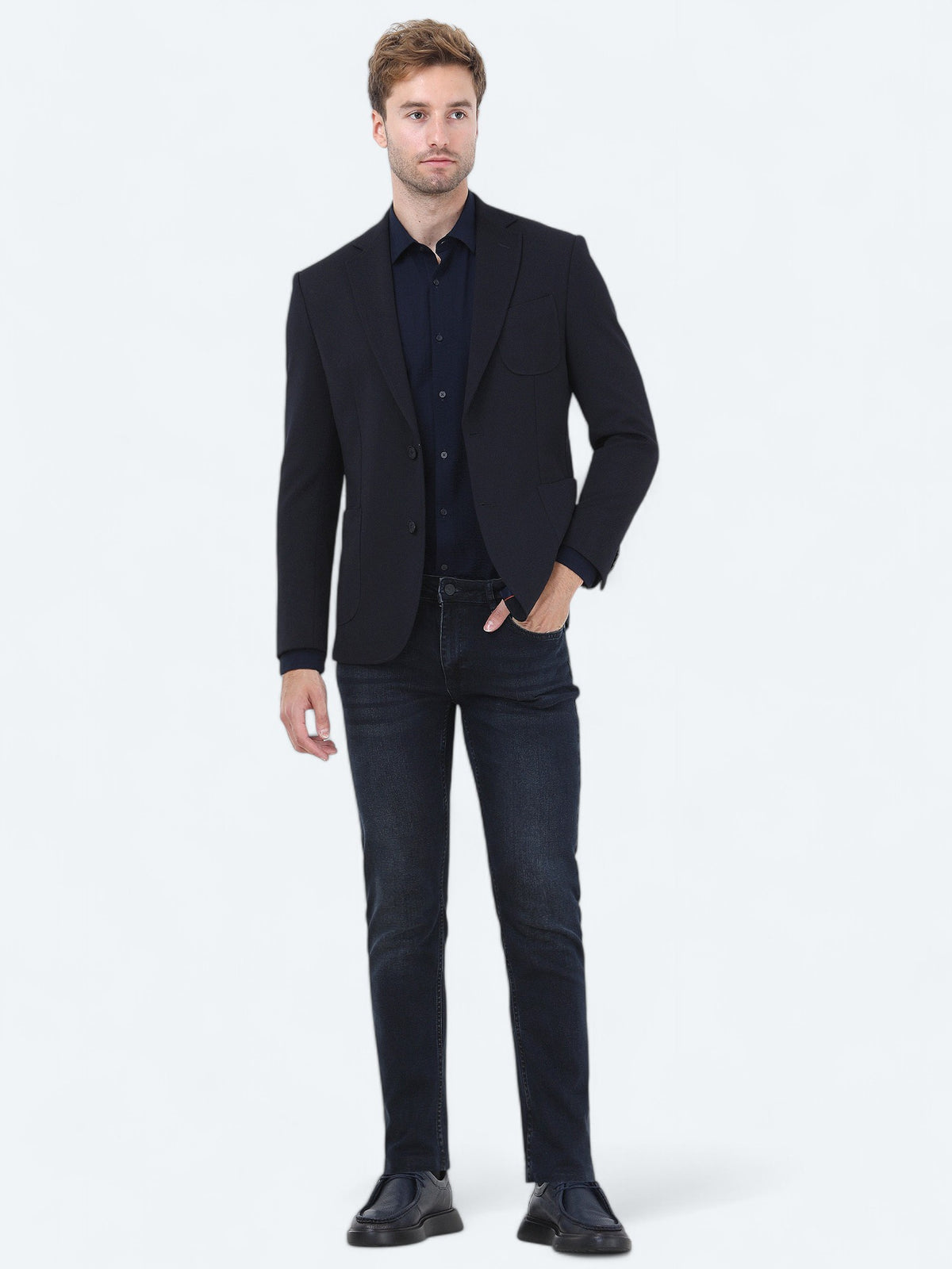 Lacivert Düz Slim Fit Örme Takım Elbise