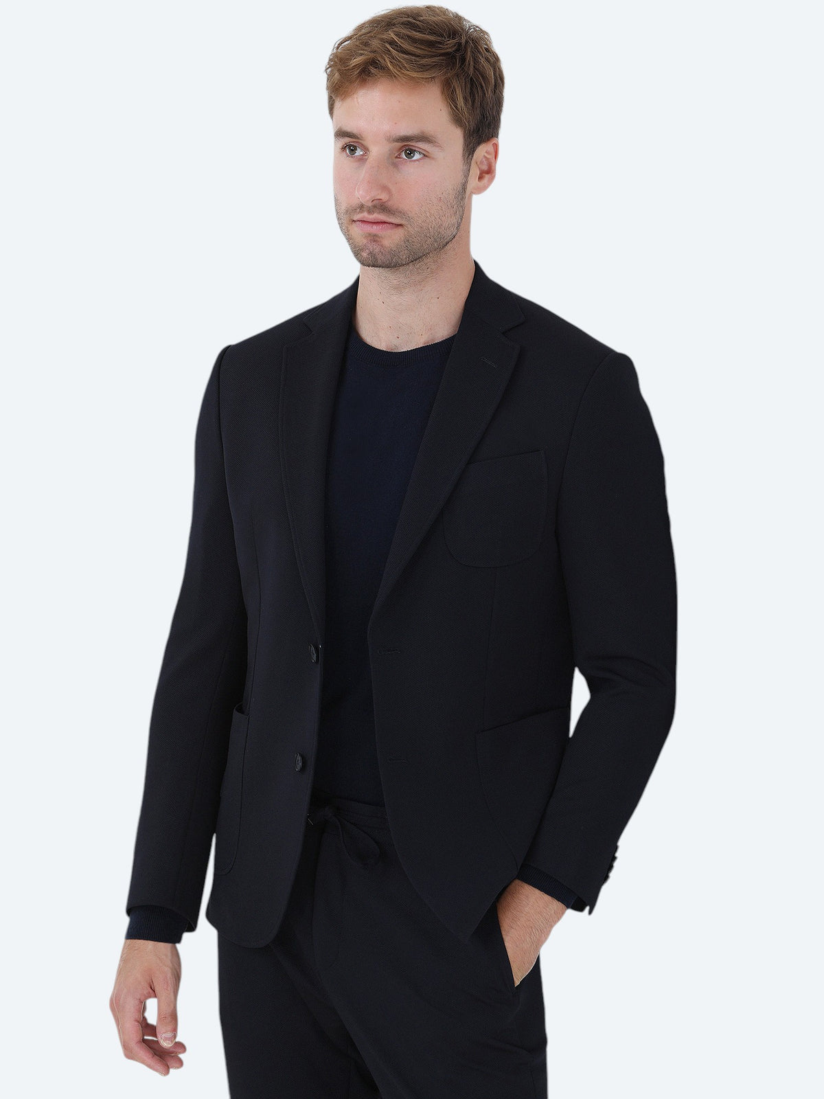 Lacivert Düz Slim Fit Örme Takım Elbise