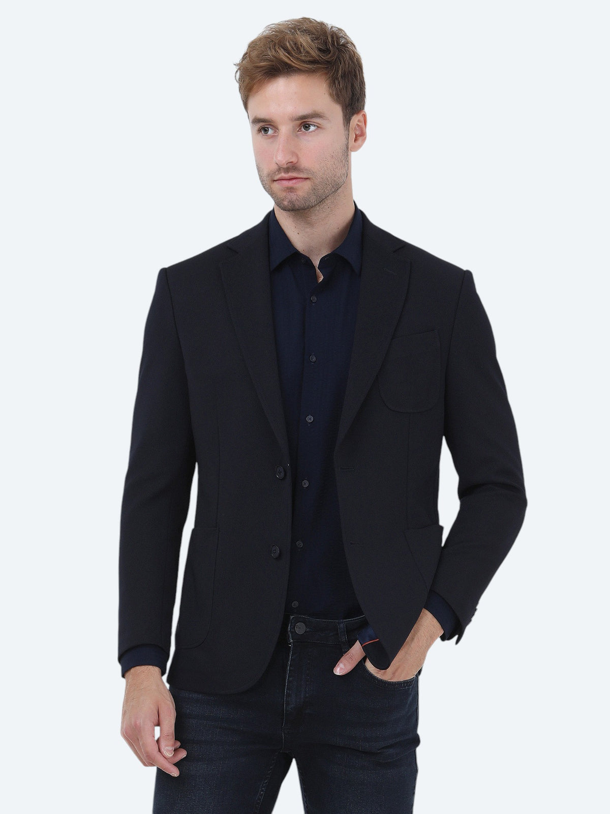 Lacivert Düz Slim Fit Örme Takım Elbise