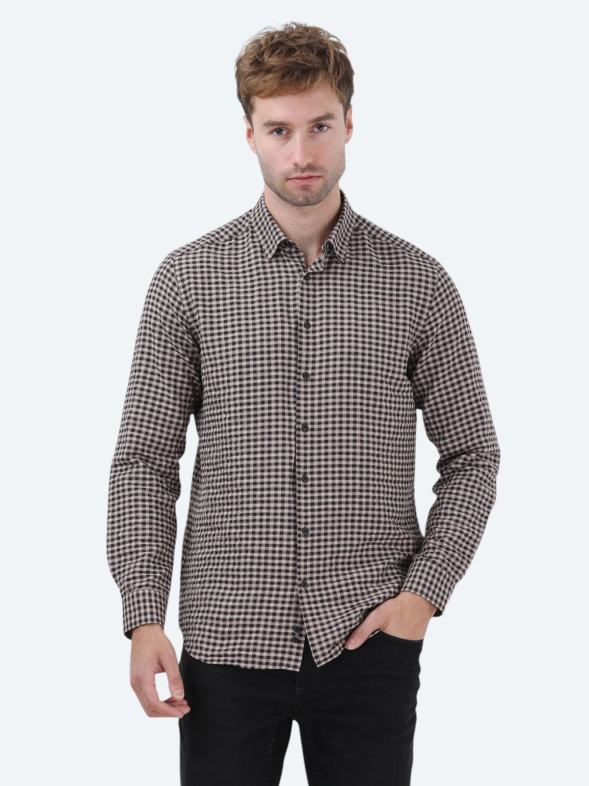 Vizon Kareli Regular Fit Uzun Dokuma Casual Pamuk Karışımlı Gömlek