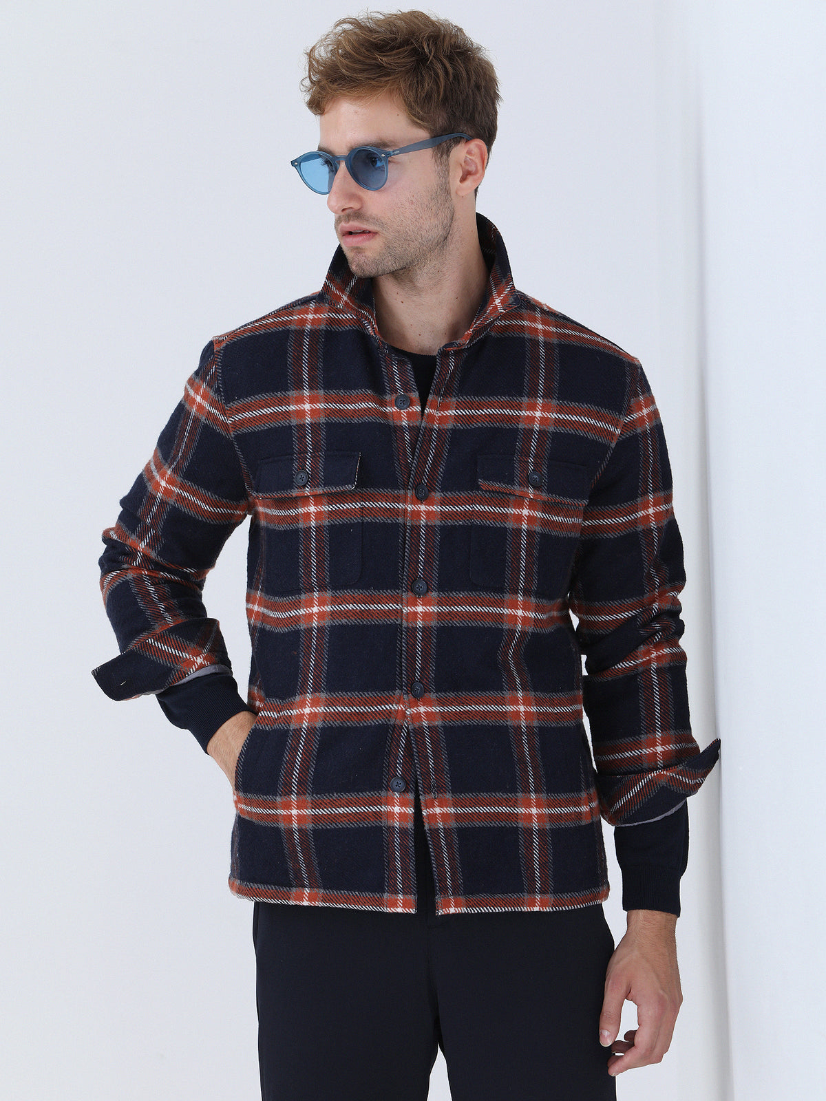 Lacivert Kareli Regular Fit Dokuma Pamuk Karışımlı Overshirt