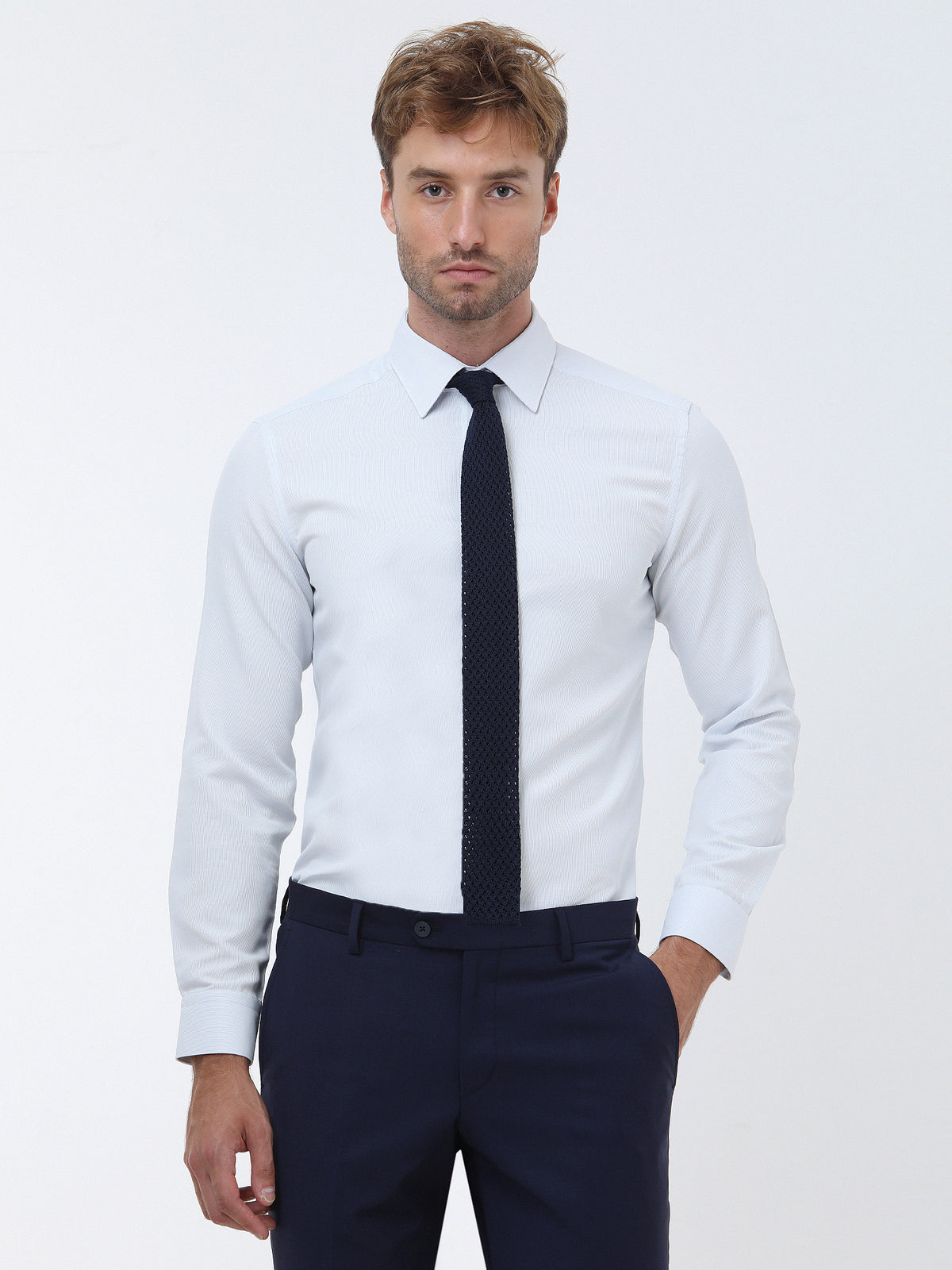 Mavi Düz Slim Fit Uzun Dokuma Klasik Pamuk Karışımlı Gömlek