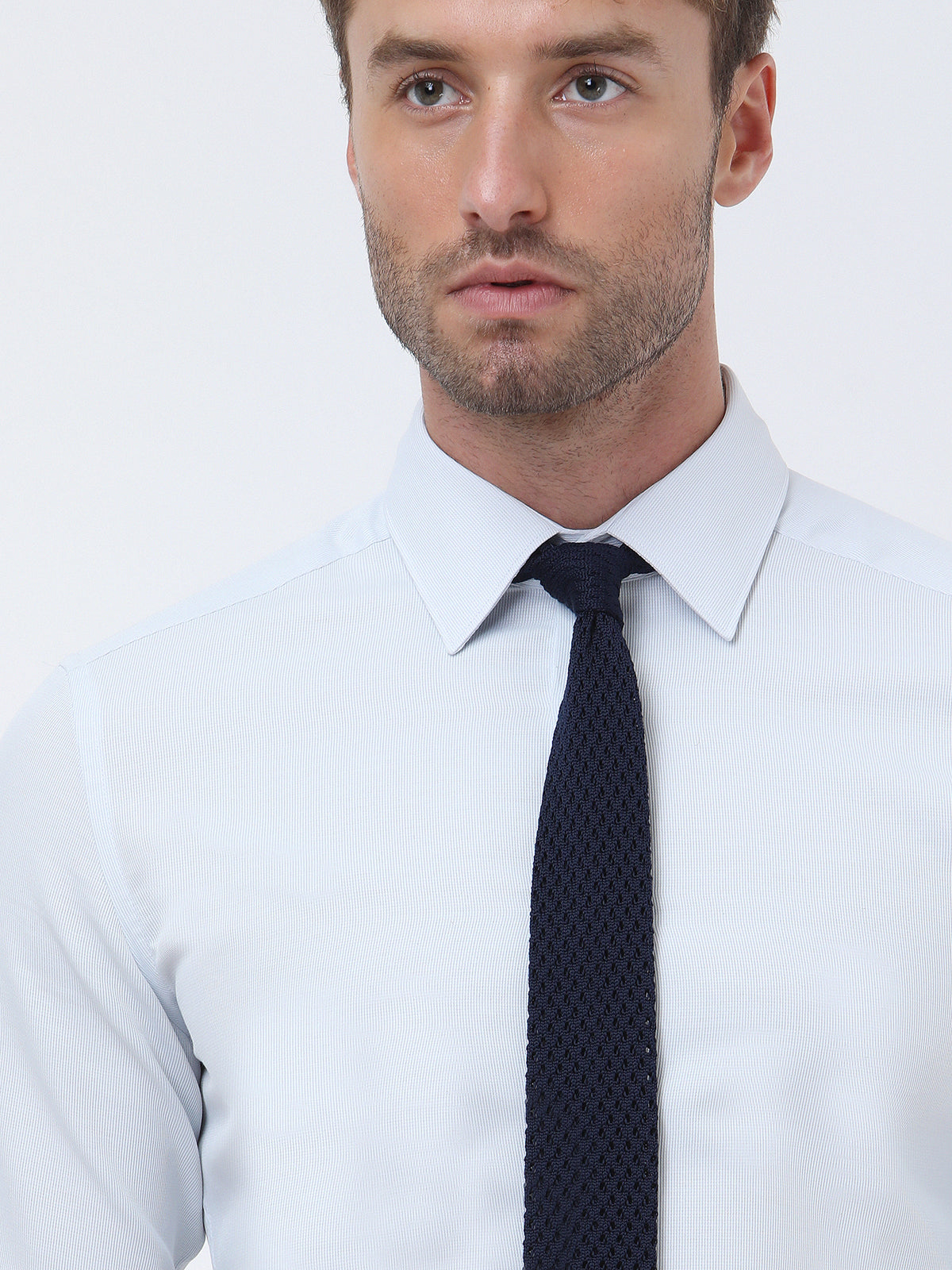 Mavi Düz Slim Fit Uzun Dokuma Klasik Pamuk Karışımlı Gömlek