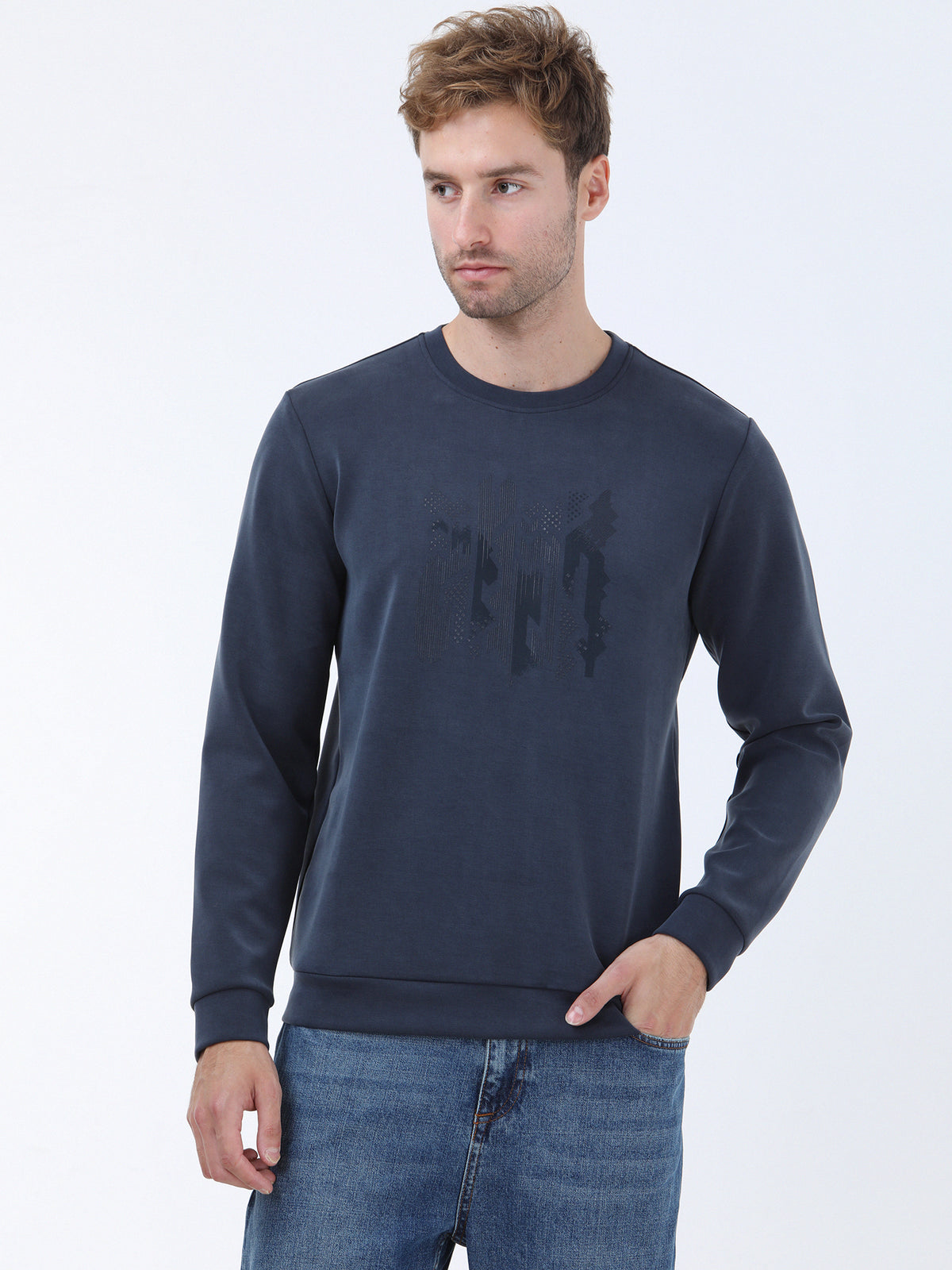 Lacivert Bisiklet Yaka Baskılı Sweatshirt