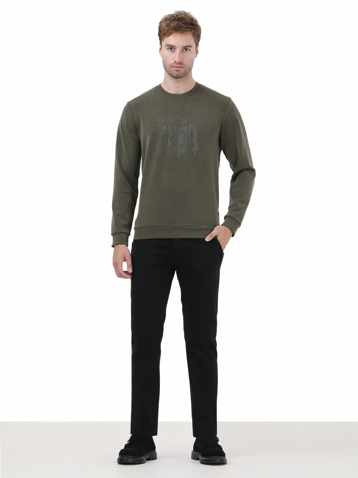 Haki Bisiklet Yaka Baskılı Sweatshirt
