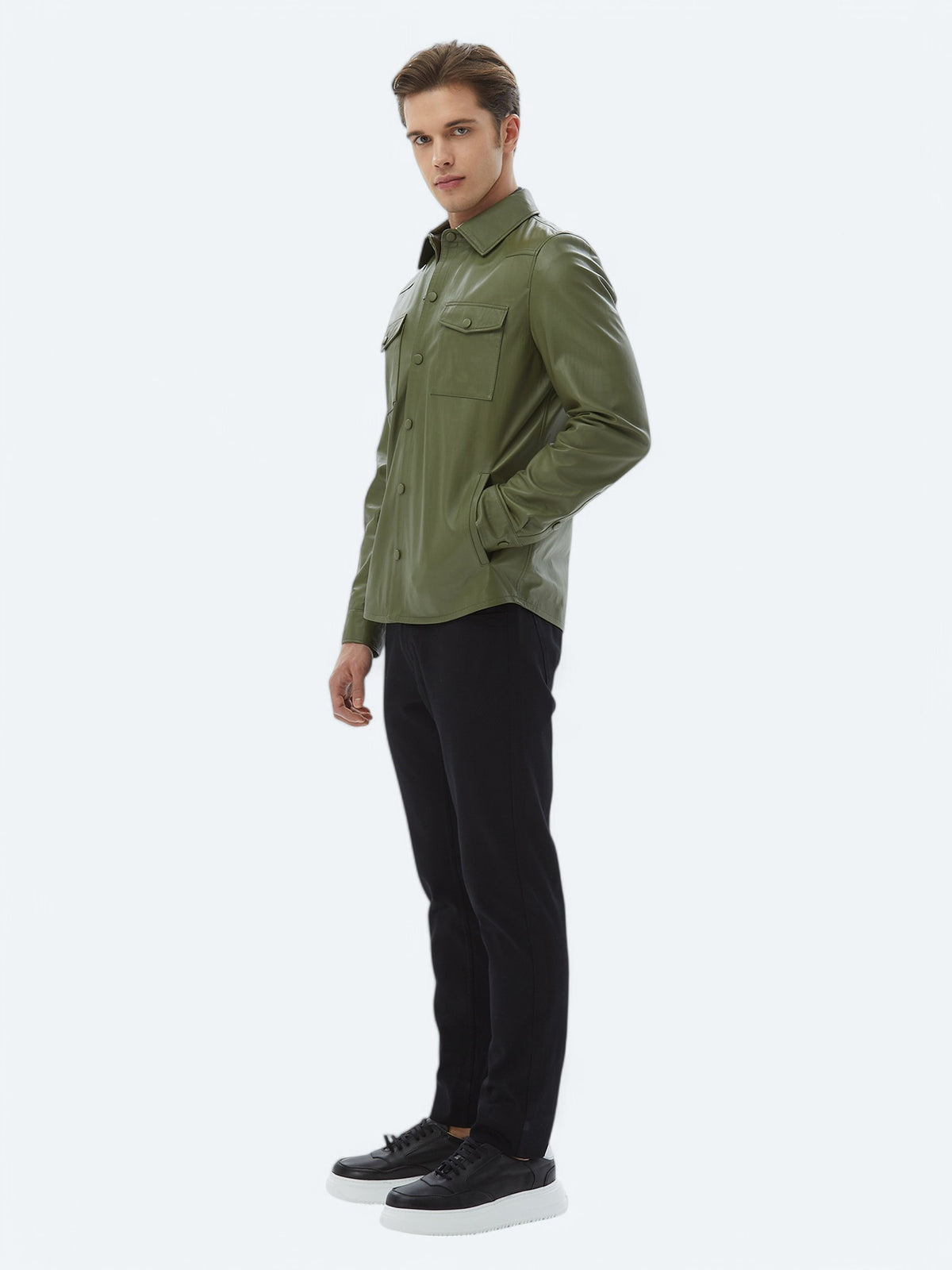 Haki Regular Fit Gömlek Yaka Smart Casual Koyun Derisi Deri Mont