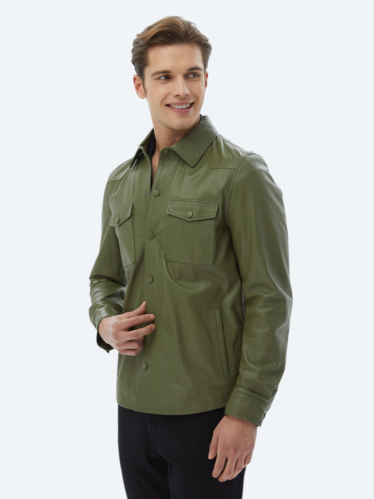 Haki Regular Fit Gömlek Yaka Smart Casual Koyun Derisi Deri Mont