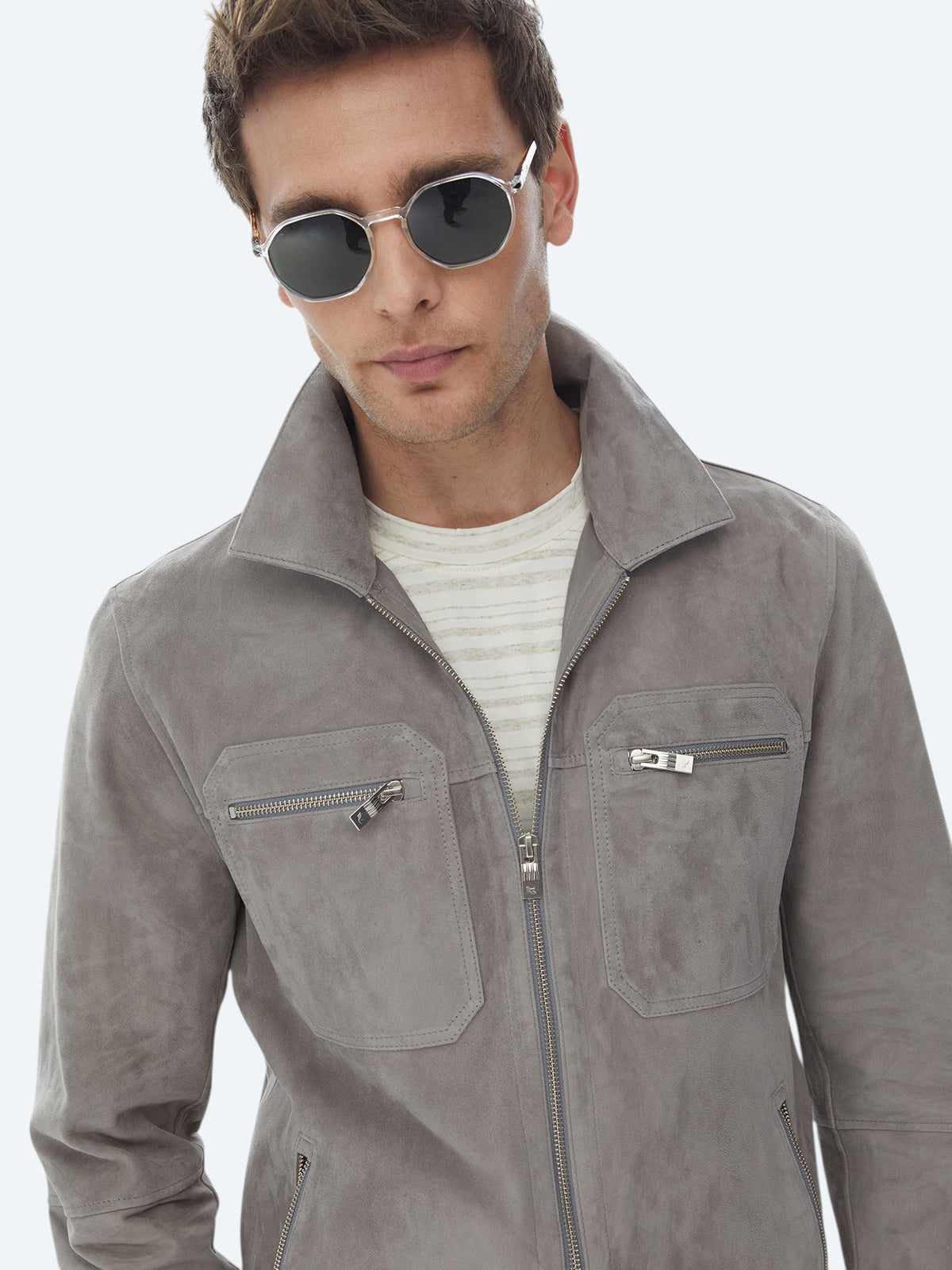 Gri Regular Fit Gömlek Yaka Smart Casual Deri Mont