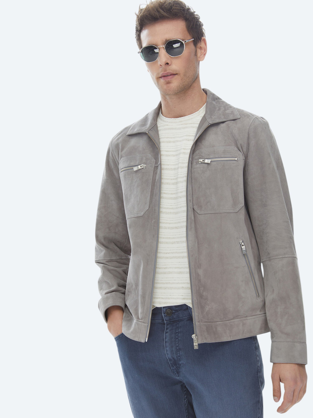 Gri Regular Fit Gömlek Yaka Smart Casual Deri Mont